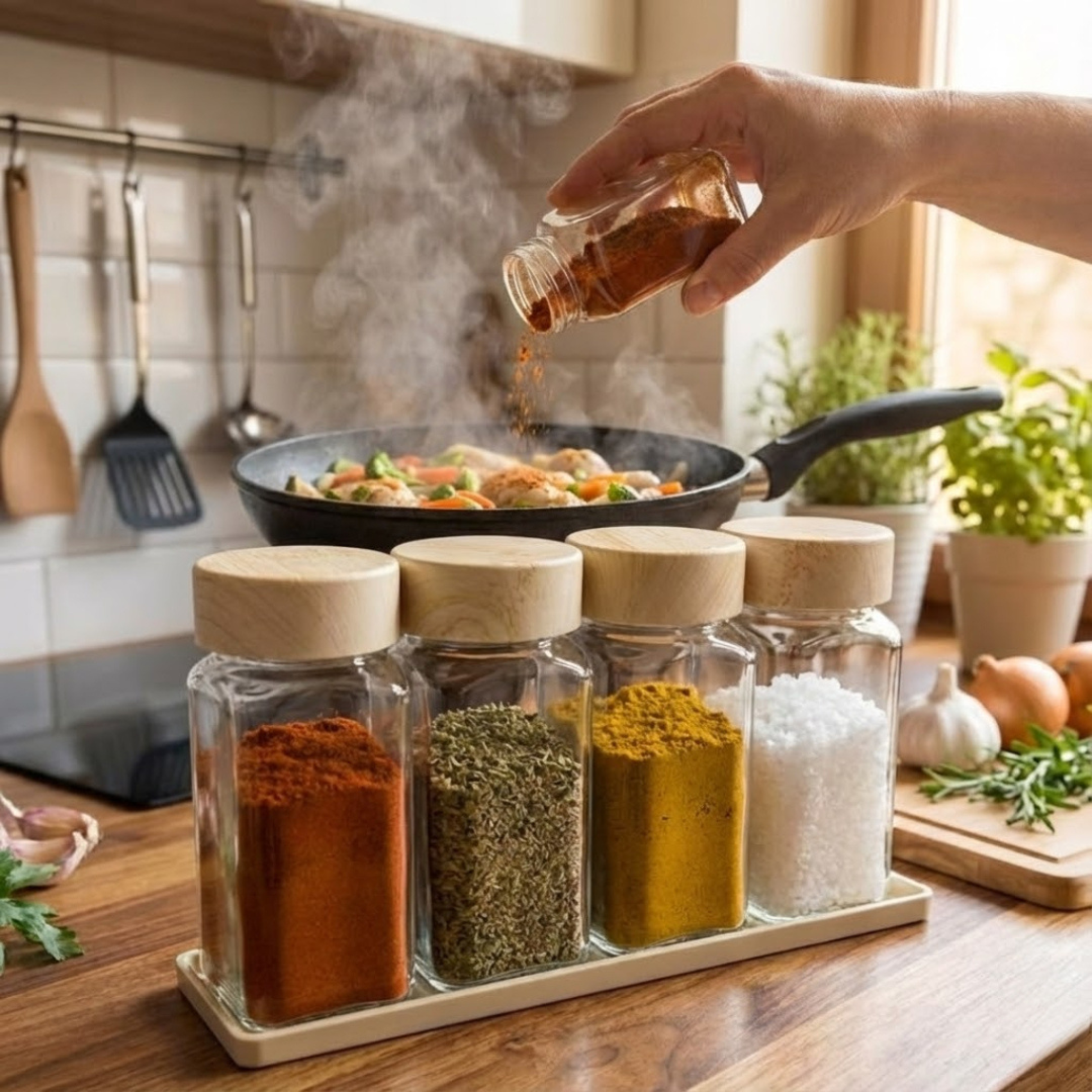 Set 4 Recipiente Organizatoare Condimente din Sticla, Capac plastic alimentar, suport plastic, Borcane Bucatarie, Fara BPA, Transparente