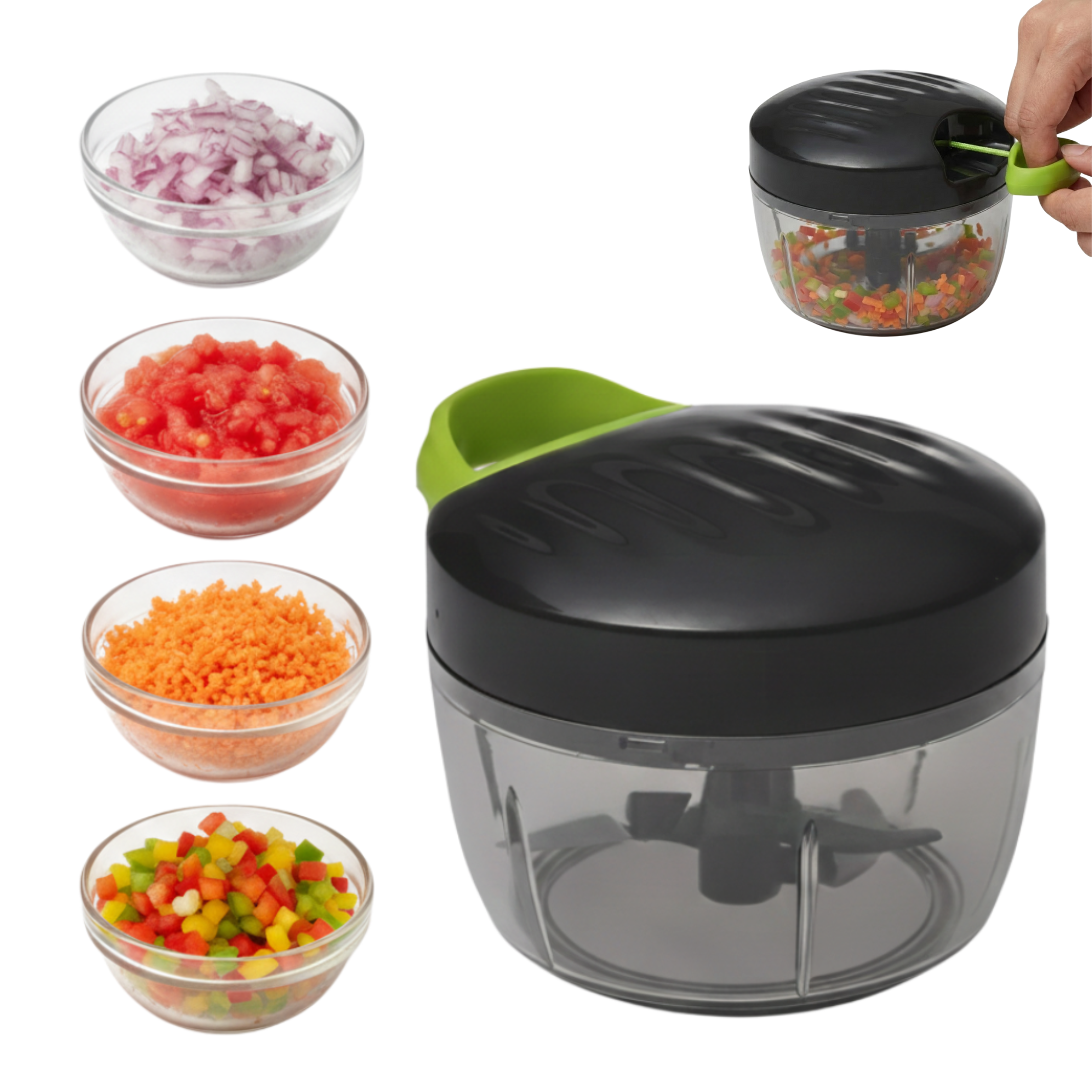 Tocator manual multifunctional Koken 500 ml, 3 lame ascutite din inox, mecanic cu sfoara, perfect pentru legume/fructe/sosuri, curatare usoara, plastic fara BPA, negru/verde