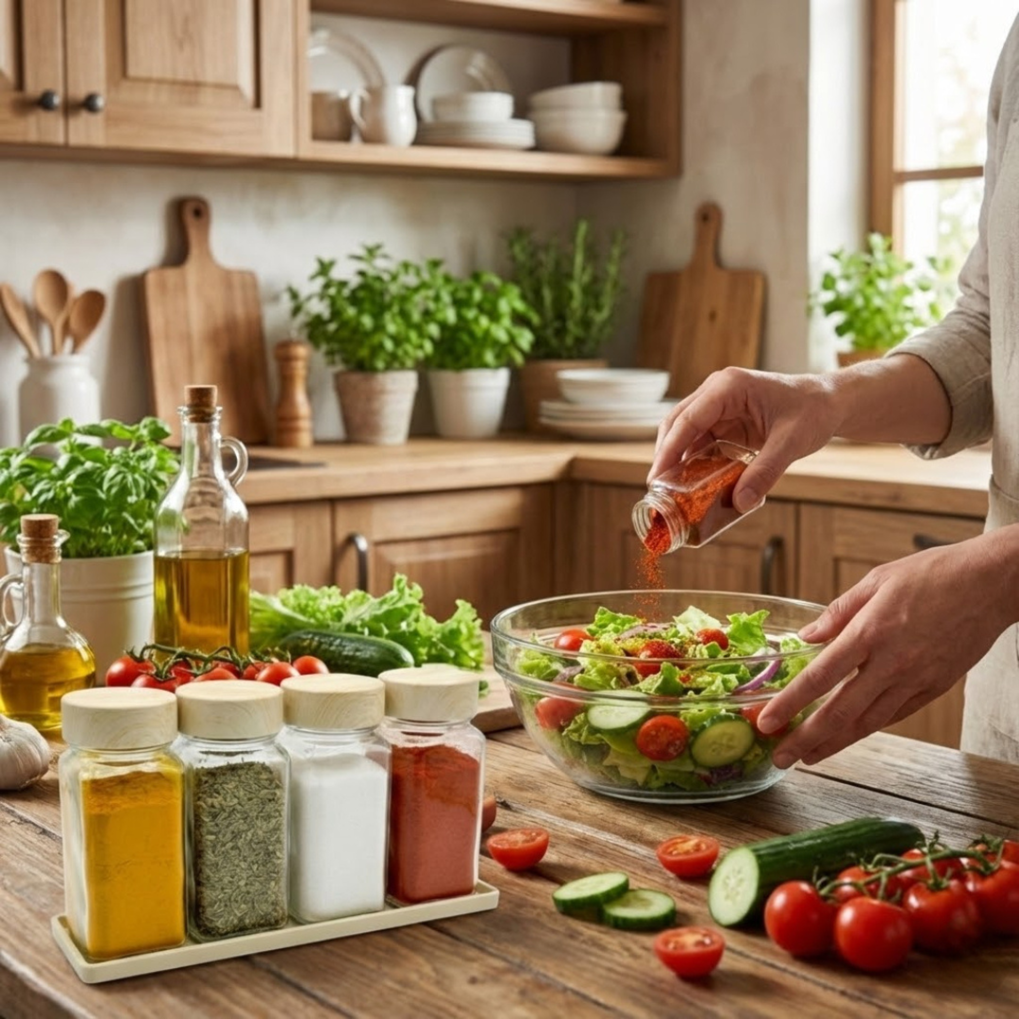 Set 4 Recipiente Organizatoare Condimente din Sticla, Capac plastic alimentar, suport plastic, Borcane Bucatarie, Fara BPA, Transparente