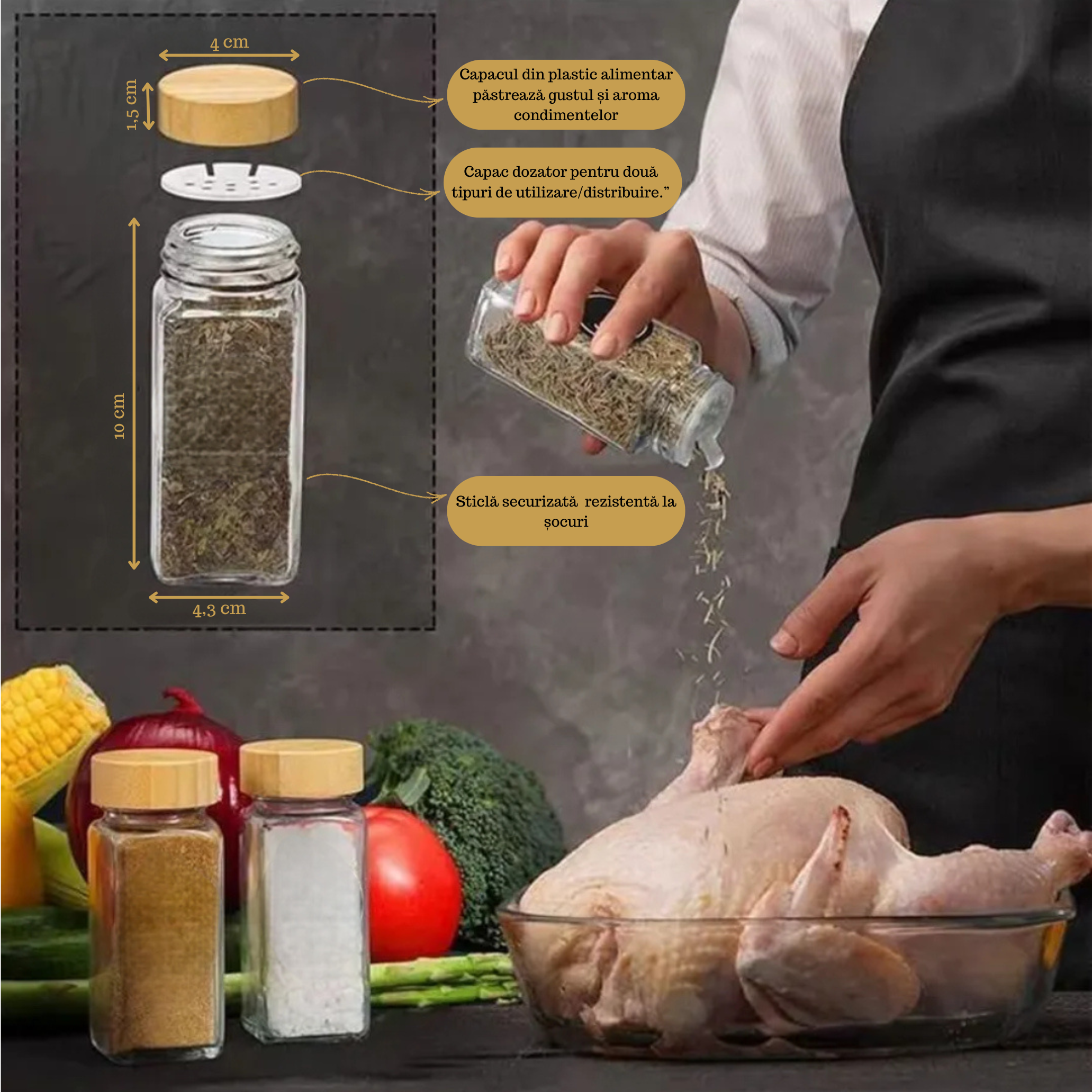 Set 4 Recipiente Organizatoare Condimente din Sticla, Capac plastic alimentar, suport plastic, Borcane Bucatarie, Fara BPA, Transparente