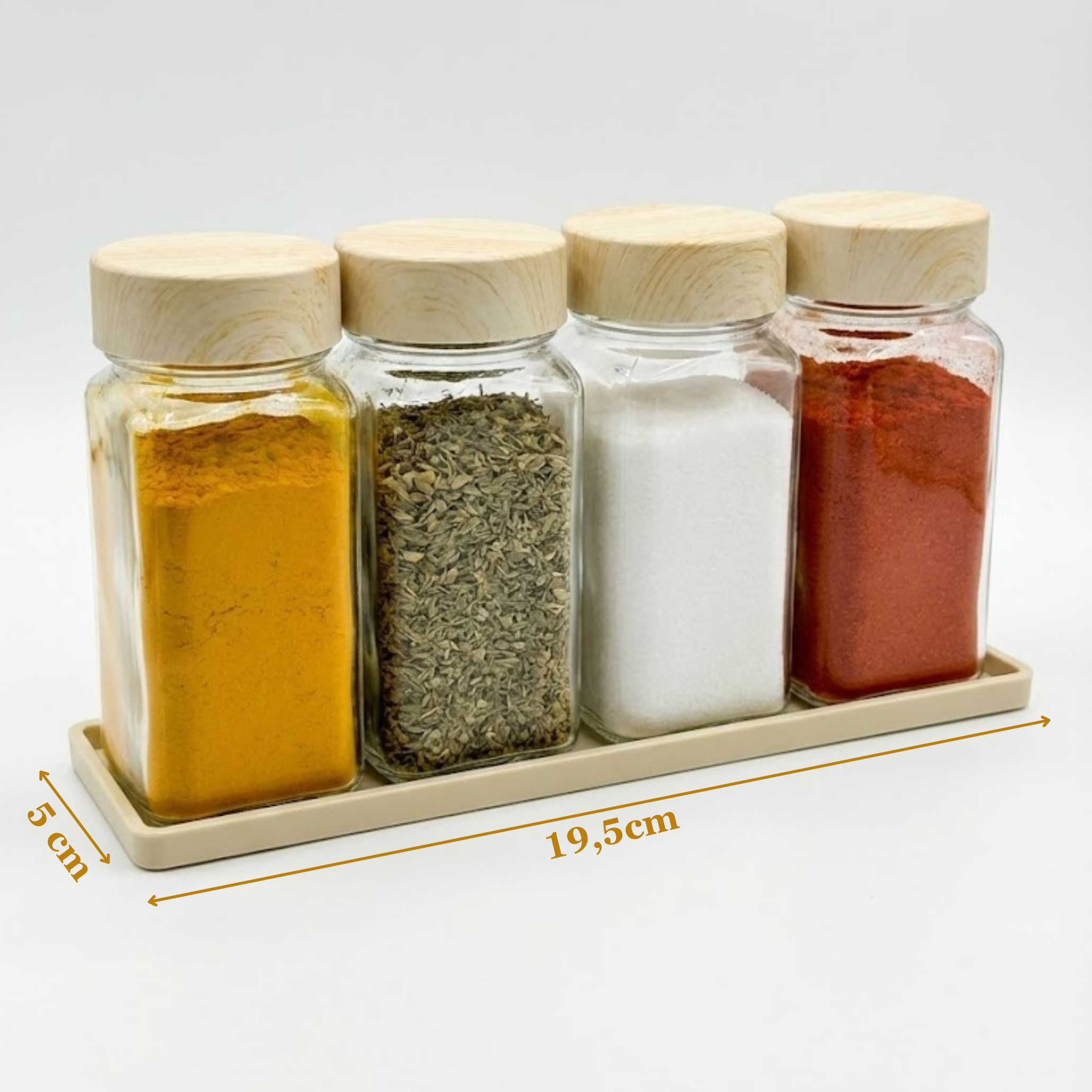 Set 4 Recipiente Organizatoare Condimente din Sticla, Capac plastic alimentar, suport plastic, Borcane Bucatarie, Fara BPA, Transparente