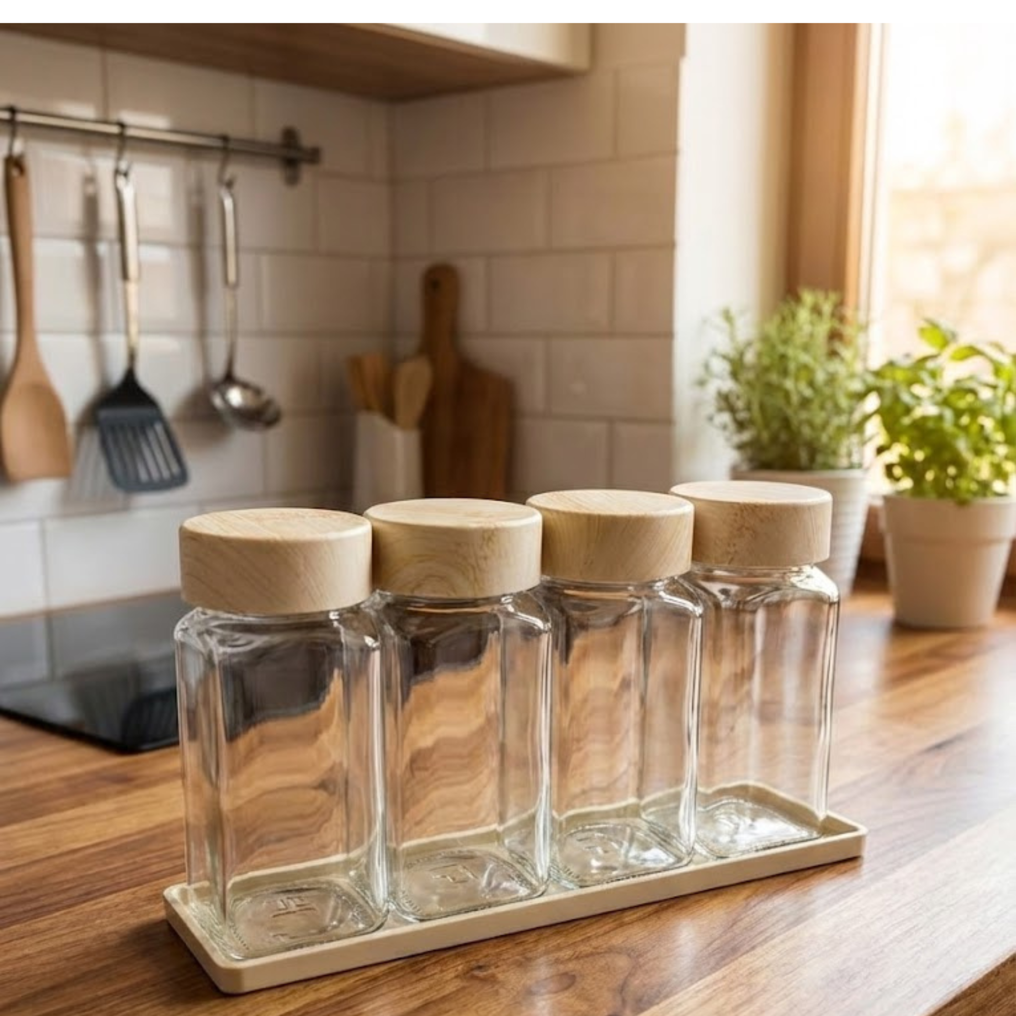 Set 4 Recipiente Organizatoare Condimente din Sticla, Capac plastic alimentar, suport plastic, Borcane Bucatarie, Fara BPA, Transparente