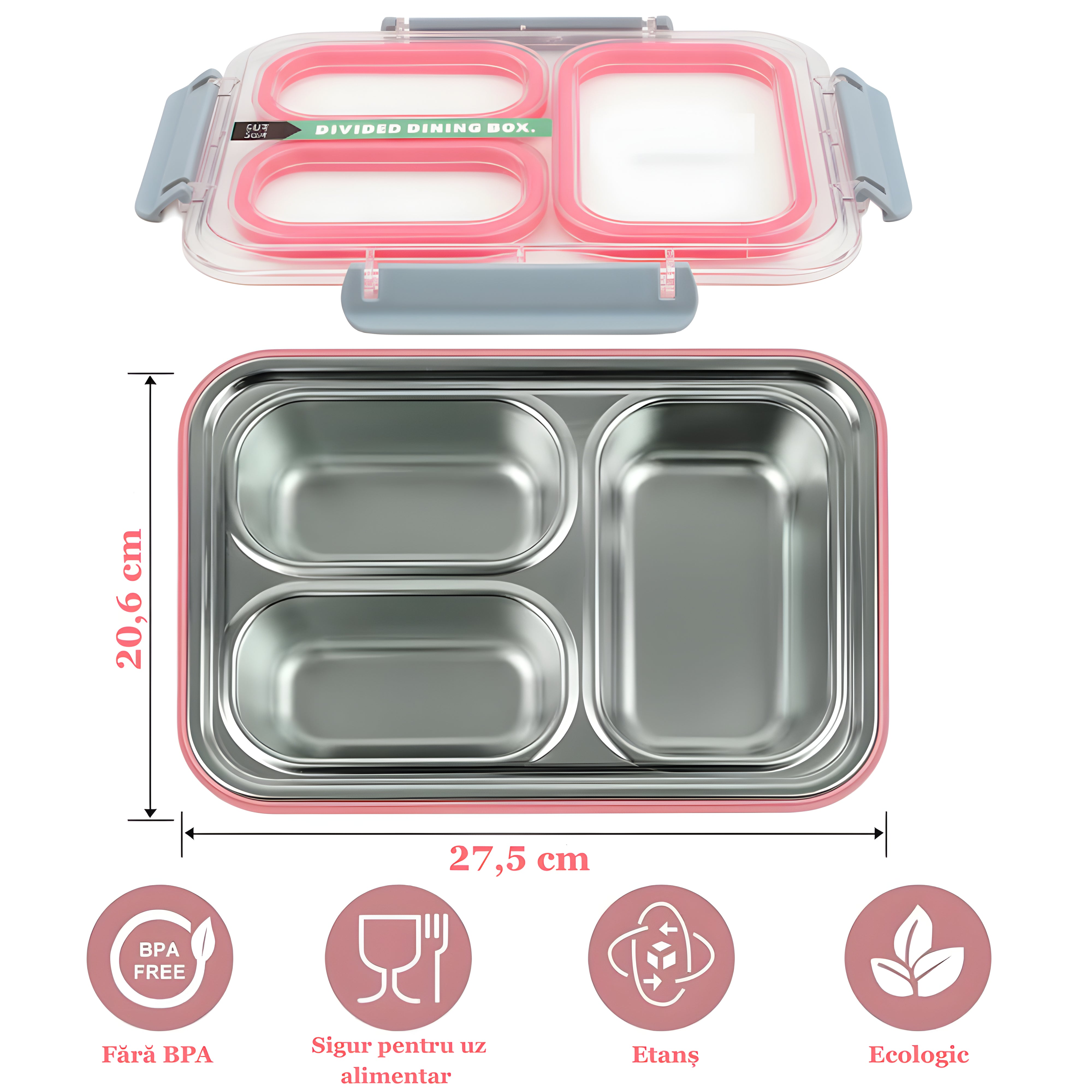 Cutie pentru pranz Koken, Lunch box Otel inoxidabil, Caserola copii scoala cu 3 Compartimente, 27,5 x 20,6 cm, Roz