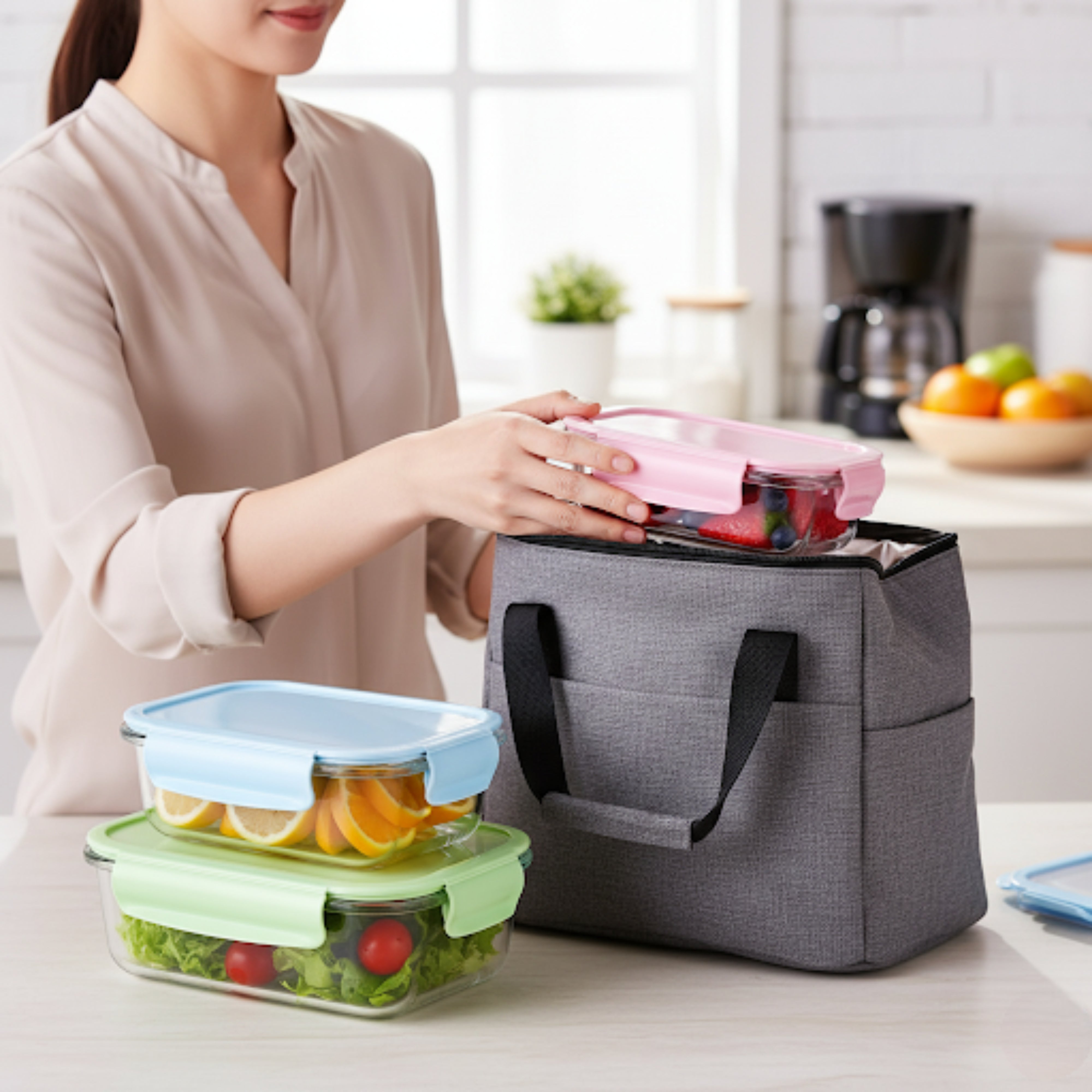 Set 3 caserole compartimentate din sticla Koken, 410ml/700ml/1040 ml, etanse, garnitura detasabila, inchidere ermetica, sticla dubla, fara BPA, casolete pentru mancare, Verde/Roz/Albastru