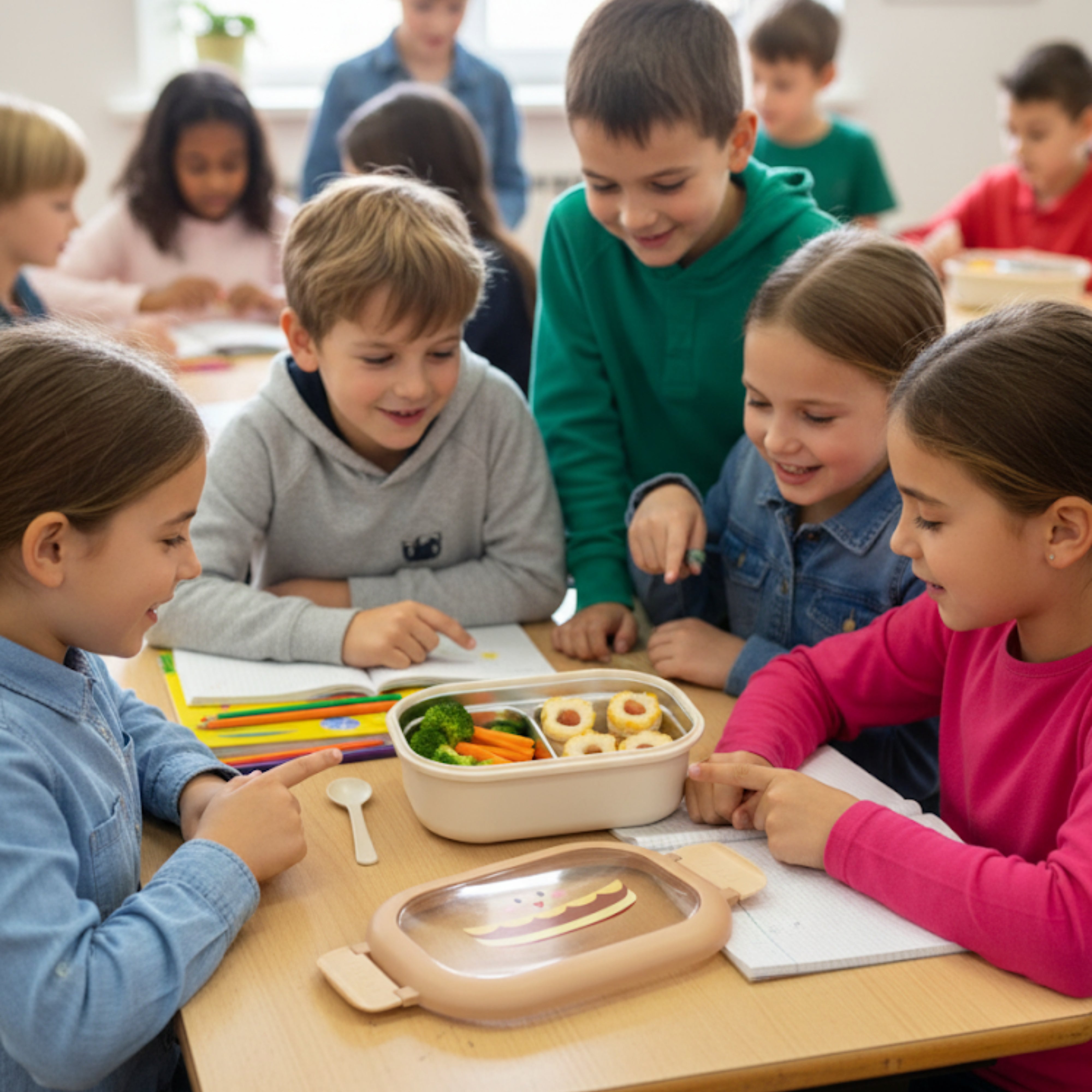 Cutie pentru pranz Koken, Lunch Inox, Caserola copii scoala cu 2 Compartimente, Lingura inclusa, Bej