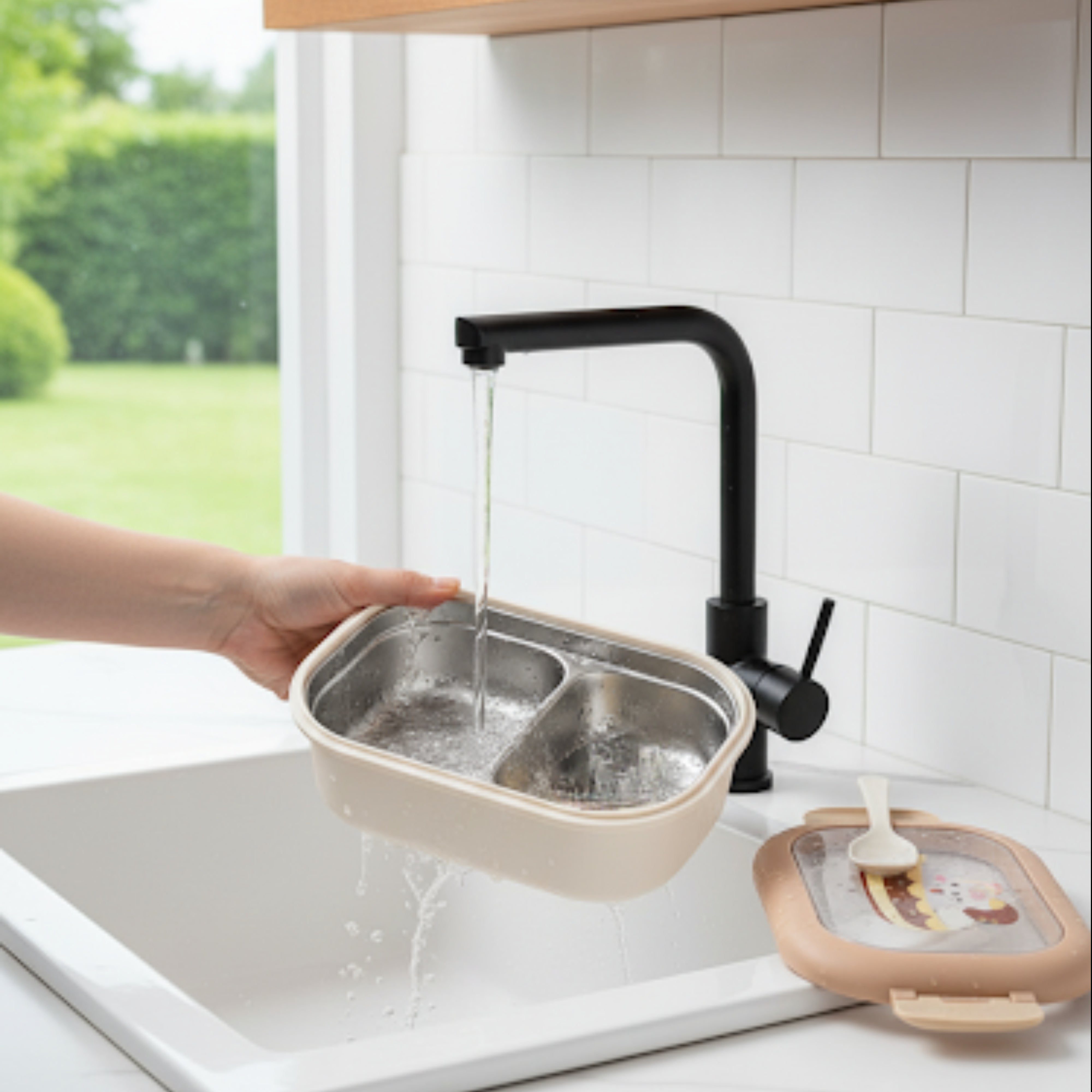 Cutie pentru pranz Koken, Lunch Inox, Caserola copii scoala cu 2 Compartimente, Lingura inclusa, Bej