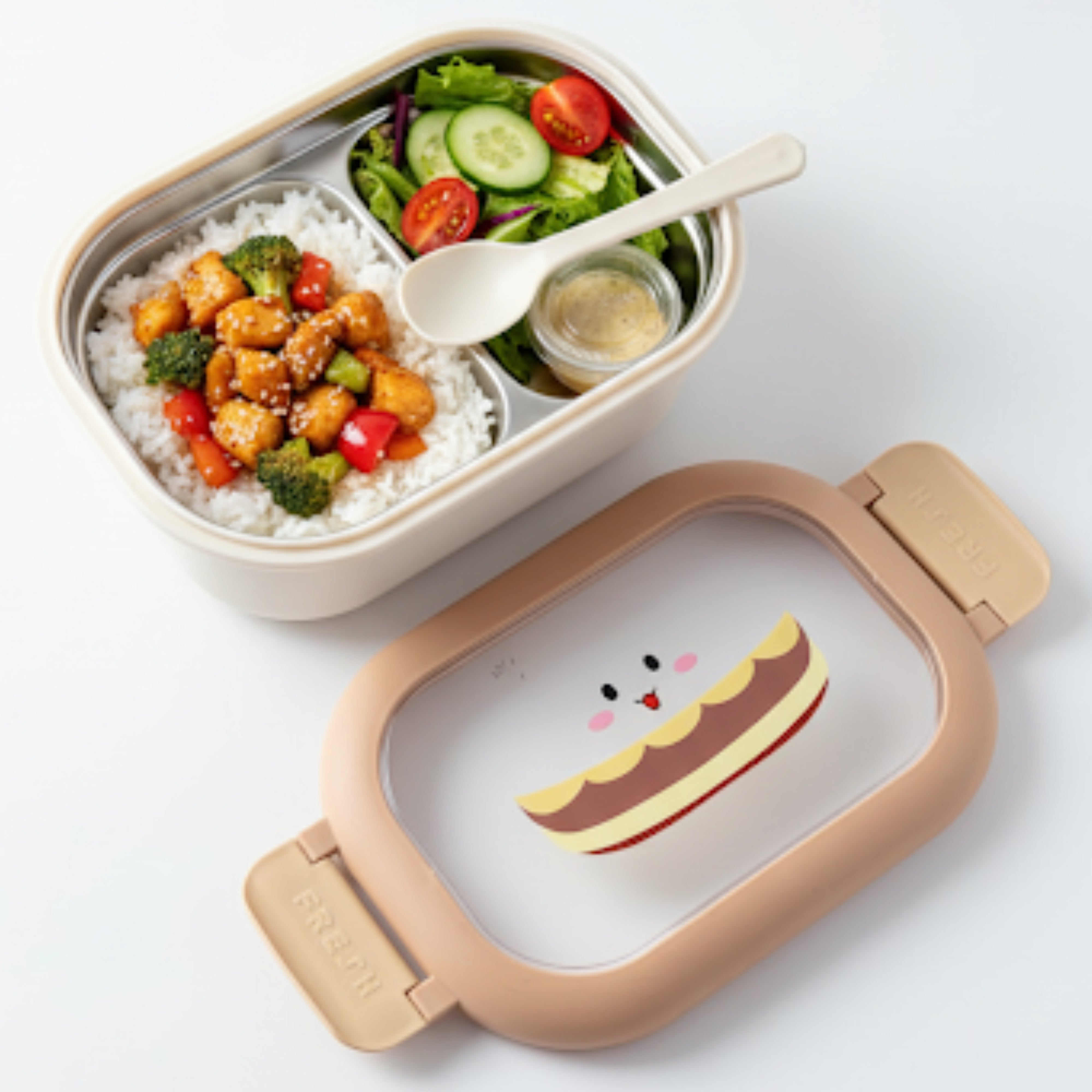 Cutie pentru pranz Koken, Lunch Inox, Caserola copii scoala cu 2 Compartimente, Lingura inclusa, Bej