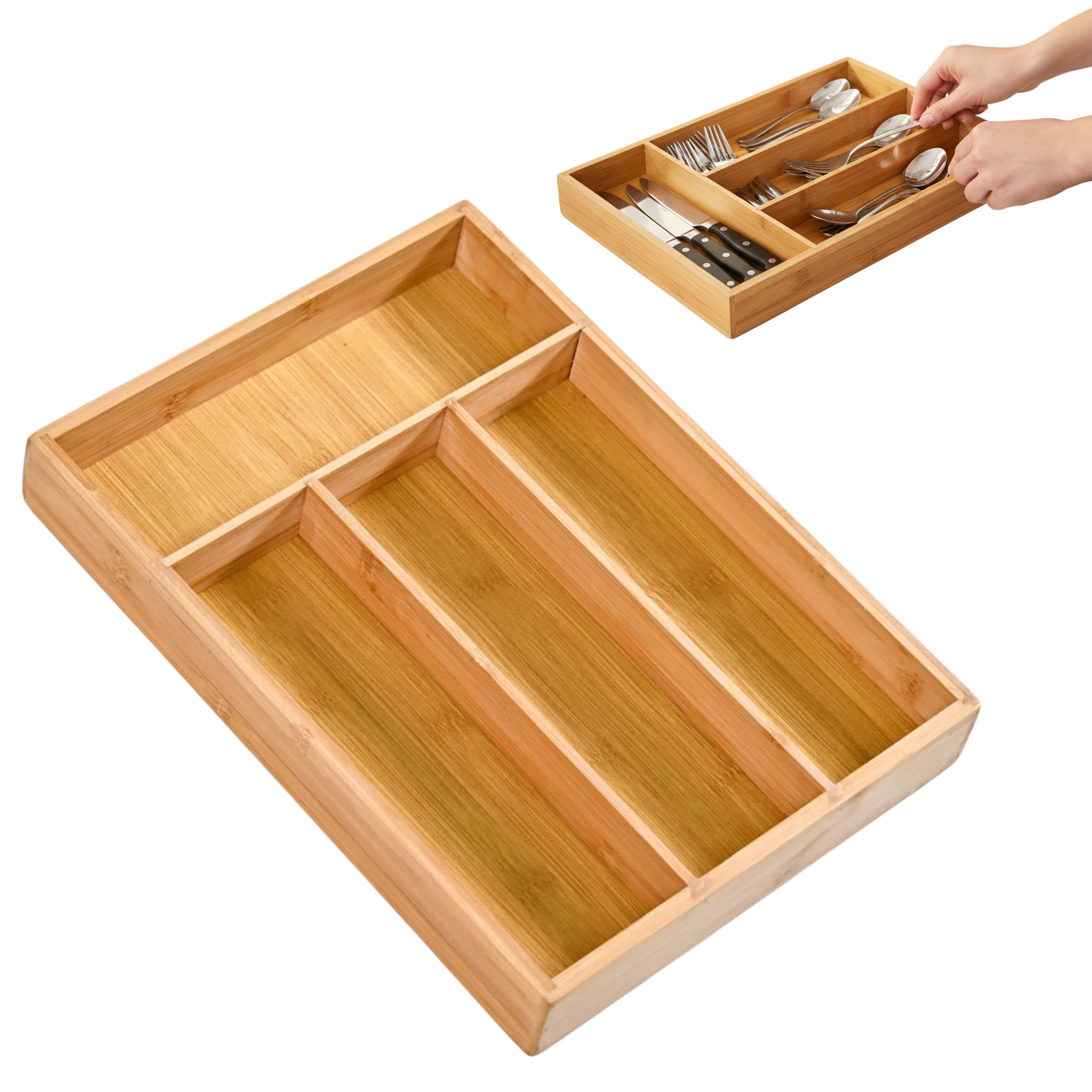 Suport tacamuri, ustensile de Bucatarie Koken, 4 compartimente, organizator multifunctional pentru sertar, Spatios, material durabil, usor de curatat, compact,  design modern,  33x25x 4,3 cm, Lemn