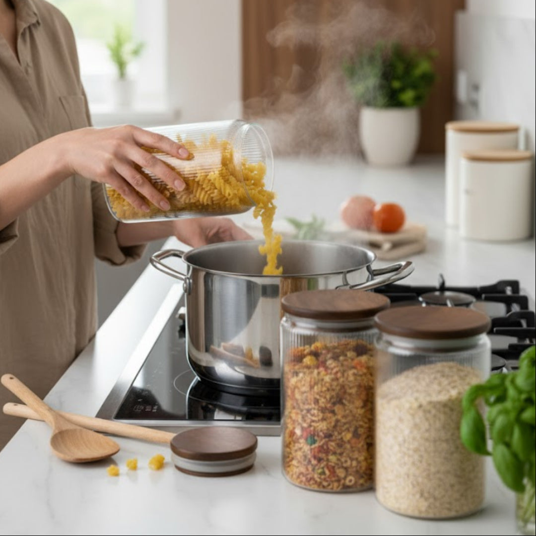 Set Borcane din sticlă borosilicată cu capac din bambus etanș Koken, Recipiente cu capac din bambus ermetic, pentru depozitarea alimentelor uscate și cerealelor