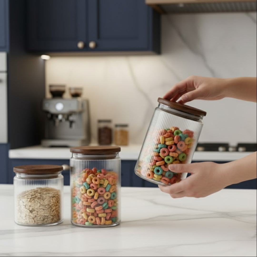 Set Borcane din sticlă borosilicată cu capac din bambus etanș Koken, Recipiente cu capac din bambus ermetic, pentru depozitarea alimentelor uscate și cerealelor