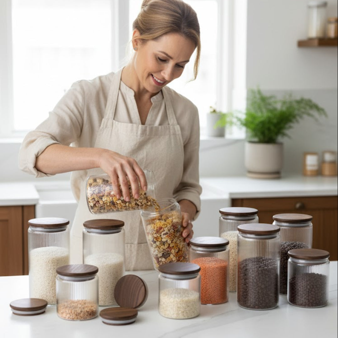 Set Borcane din sticlă borosilicată cu capac din bambus etanș Koken, Recipiente cu capac din bambus ermetic, pentru depozitarea alimentelor uscate și cerealelor