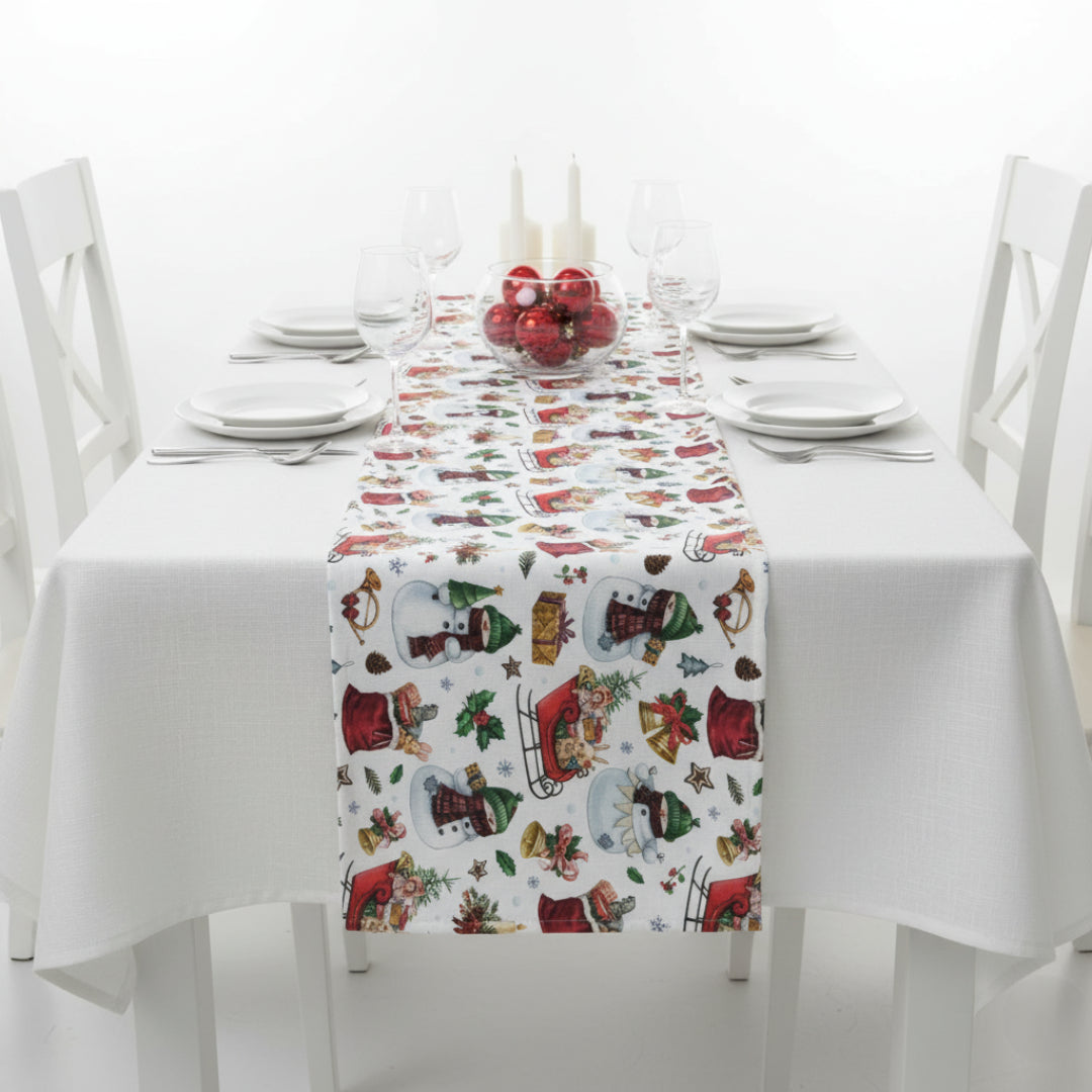 Traversa de masa 180x40cm, din bumbac, Koken, Impermiabila, fata de masa imprimeu Craciun 3D, Rezistenta la pete si murdarie