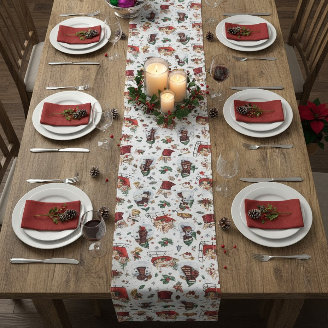 Traversa de masa 180x40cm, din bumbac, Koken, Impermiabila, fata de masa imprimeu Craciun 3D, Rezistenta la pete si murdarie