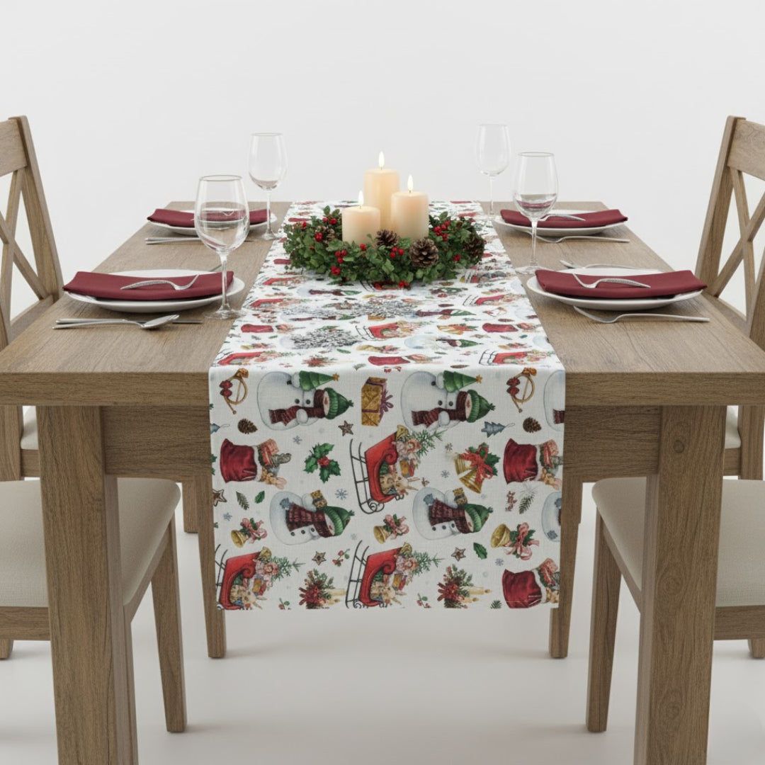 Traversa de masa 180x40cm, din bumbac, Koken, Impermiabila, fata de masa imprimeu Craciun 3D, Rezistenta la pete si murdarie