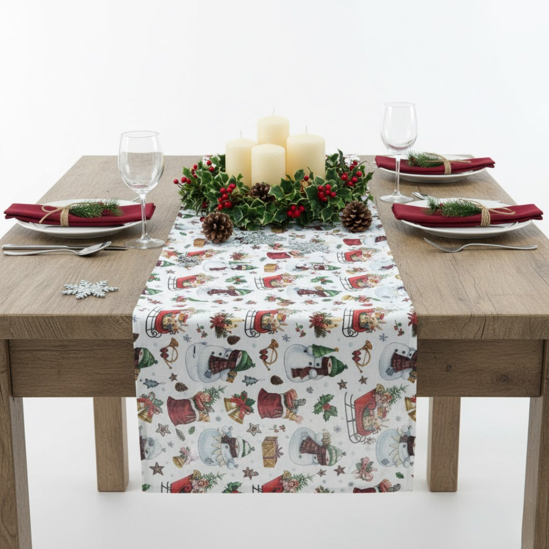 Traversa de masa 180x40cm, din bumbac, Koken, Impermiabila, fata de masa imprimeu Craciun 3D, Rezistenta la pete si murdarie