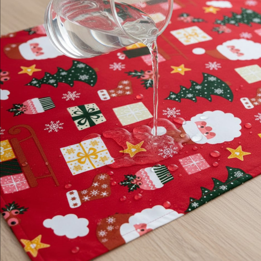 Traversa de masa 180x40cm, din bumbac, Koken, Impermiabila, fata de masa imprimeu Craciun 3D, Rezistenta la pete si murdarie, Rosie