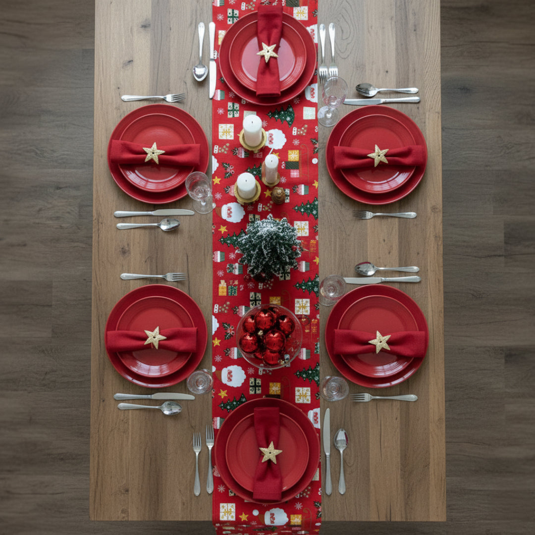 Traversa de masa 180x40cm, din bumbac, Koken, Impermiabila, fata de masa imprimeu Craciun 3D, Rezistenta la pete si murdarie, Rosie