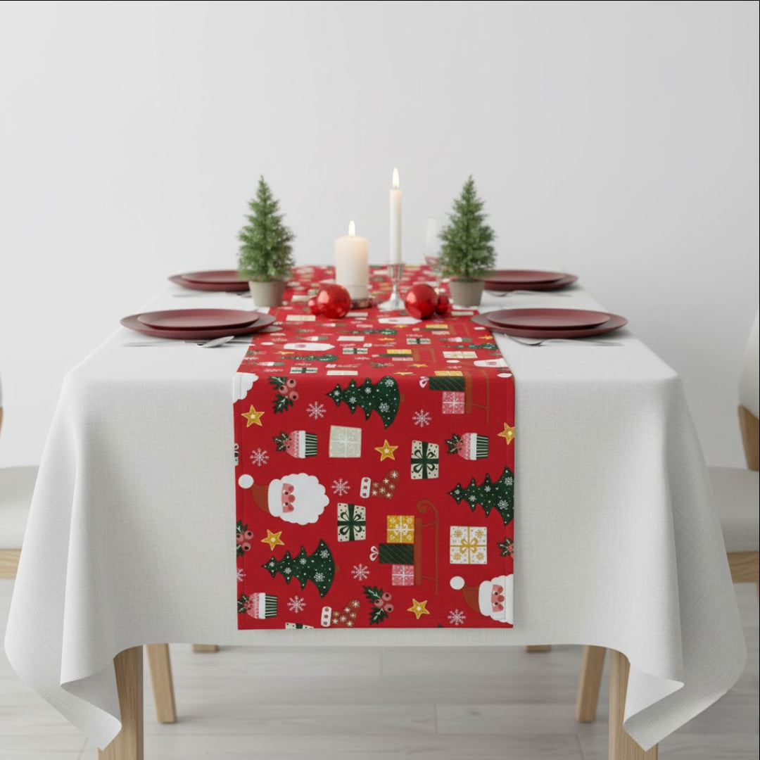 Traversa de masa 180x40cm, din bumbac, Koken, Impermiabila, fata de masa imprimeu Craciun 3D, Rezistenta la pete si murdarie, Rosie