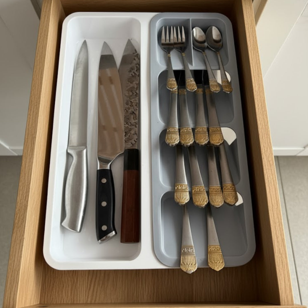 Organizator tacamuri pentru sertar, 6 compartimente, Koken, suport tacamuri sertar 28 x 39.5 x 5 cm, Plastic, Gri