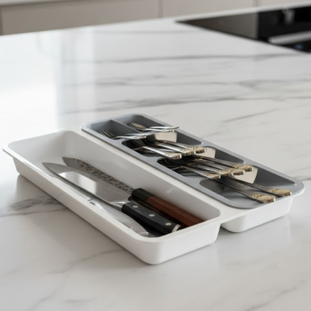 Organizator tacamuri pentru sertar, 6 compartimente, Koken, suport tacamuri sertar 28 x 39.5 x 5 cm, Plastic, Gri