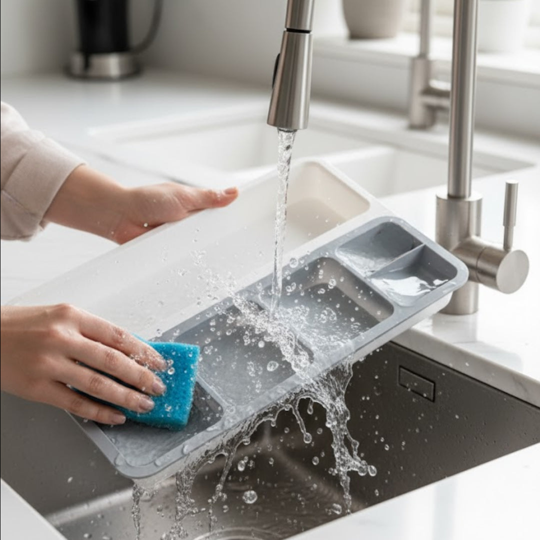 Organizator tacamuri pentru sertar, 6 compartimente, Koken, suport tacamuri sertar 28 x 39.5 x 5 cm, Plastic, Gri