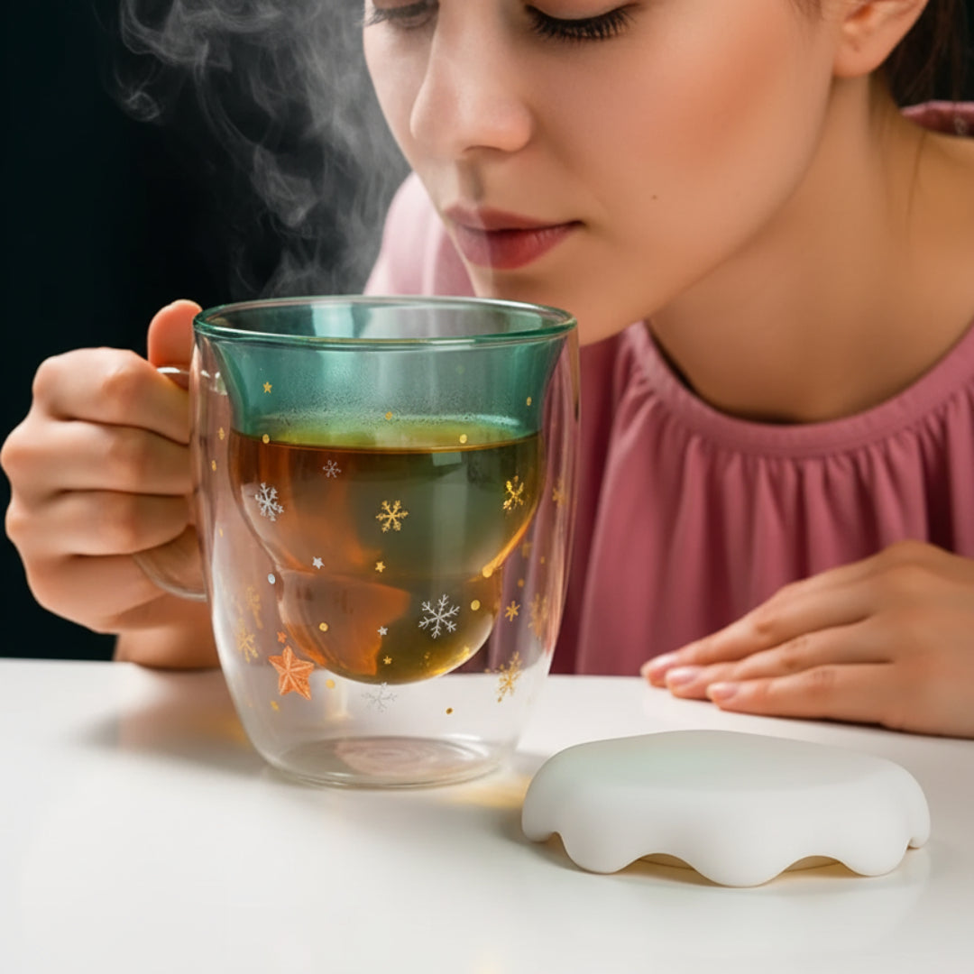 Cana cu tematica de Craciun, pentru ceai si cafea din sticla termorezistenta cu pereti dubli Koken, 320 ml, Sticla borosilicata, ceasca eleganta si transparenta