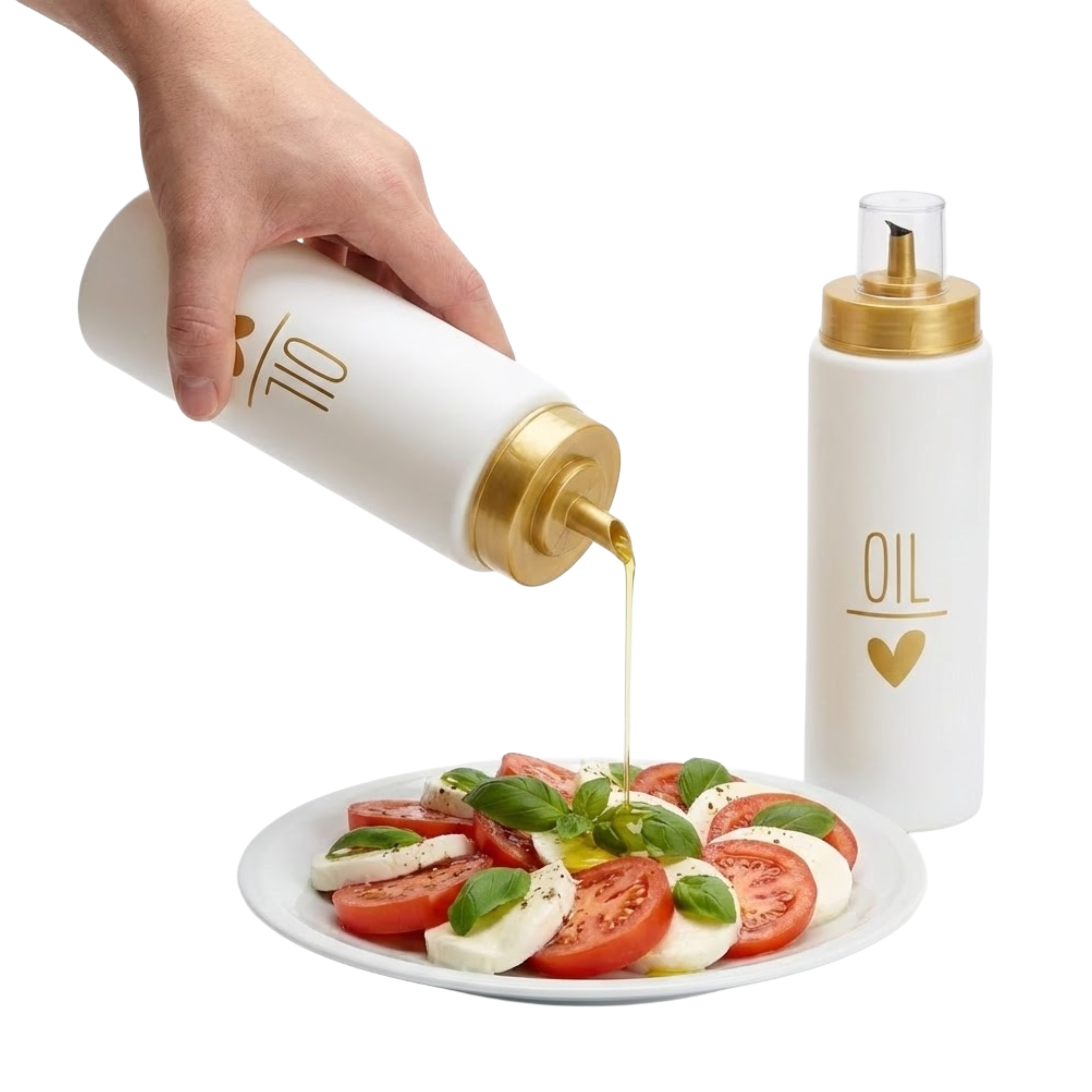 Set 2 Oliviere din sticlă pentru ulei – 550 ml, cu capac plastic anti-picurare, recipiente pentru ulei, design elegant „OIL”, Alb/Auriu