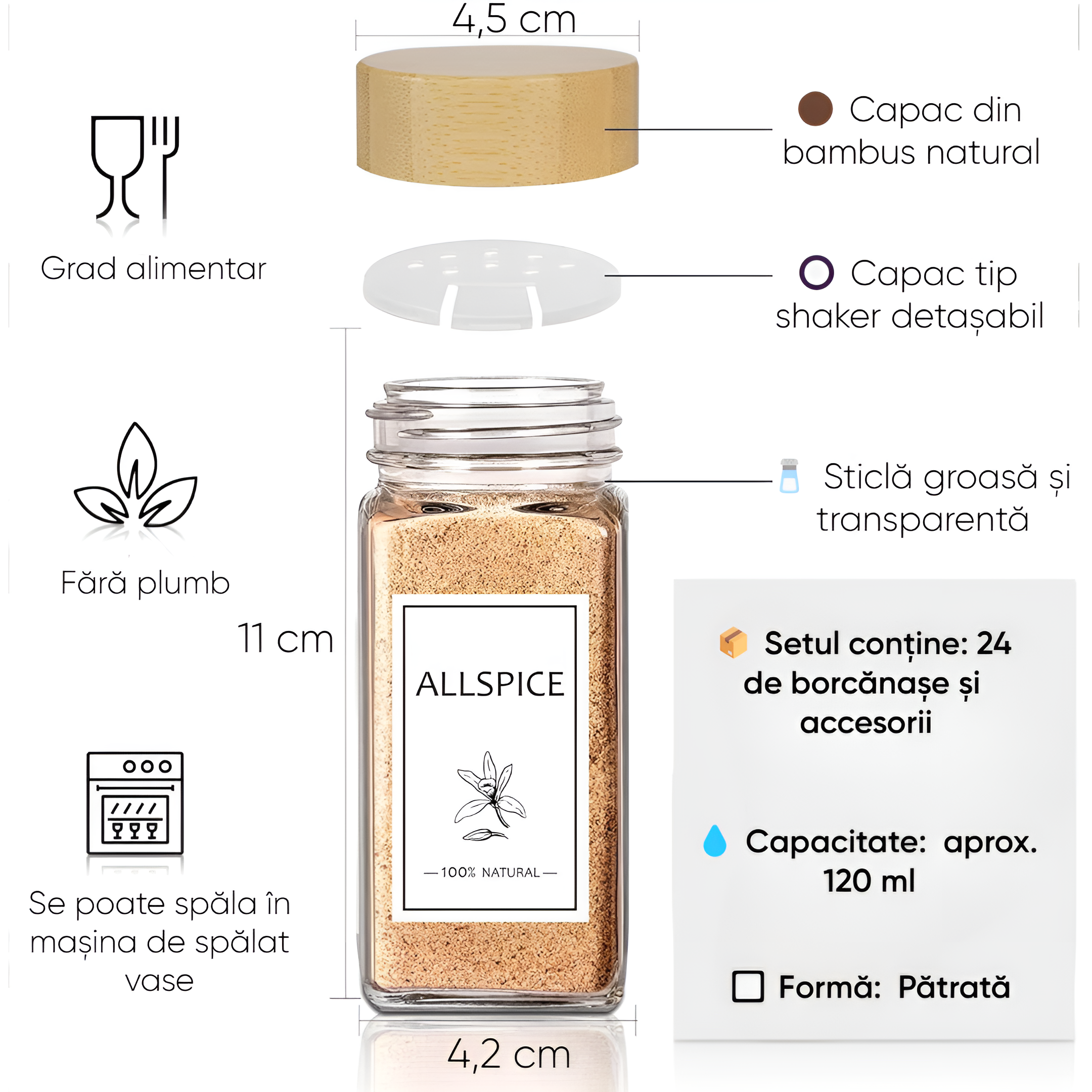 Set recipiente condimente 24 sticlute cu capace de dozaj de 120 ml, perie, palnie, etichete si marker, capac etans din bambus, Transparent