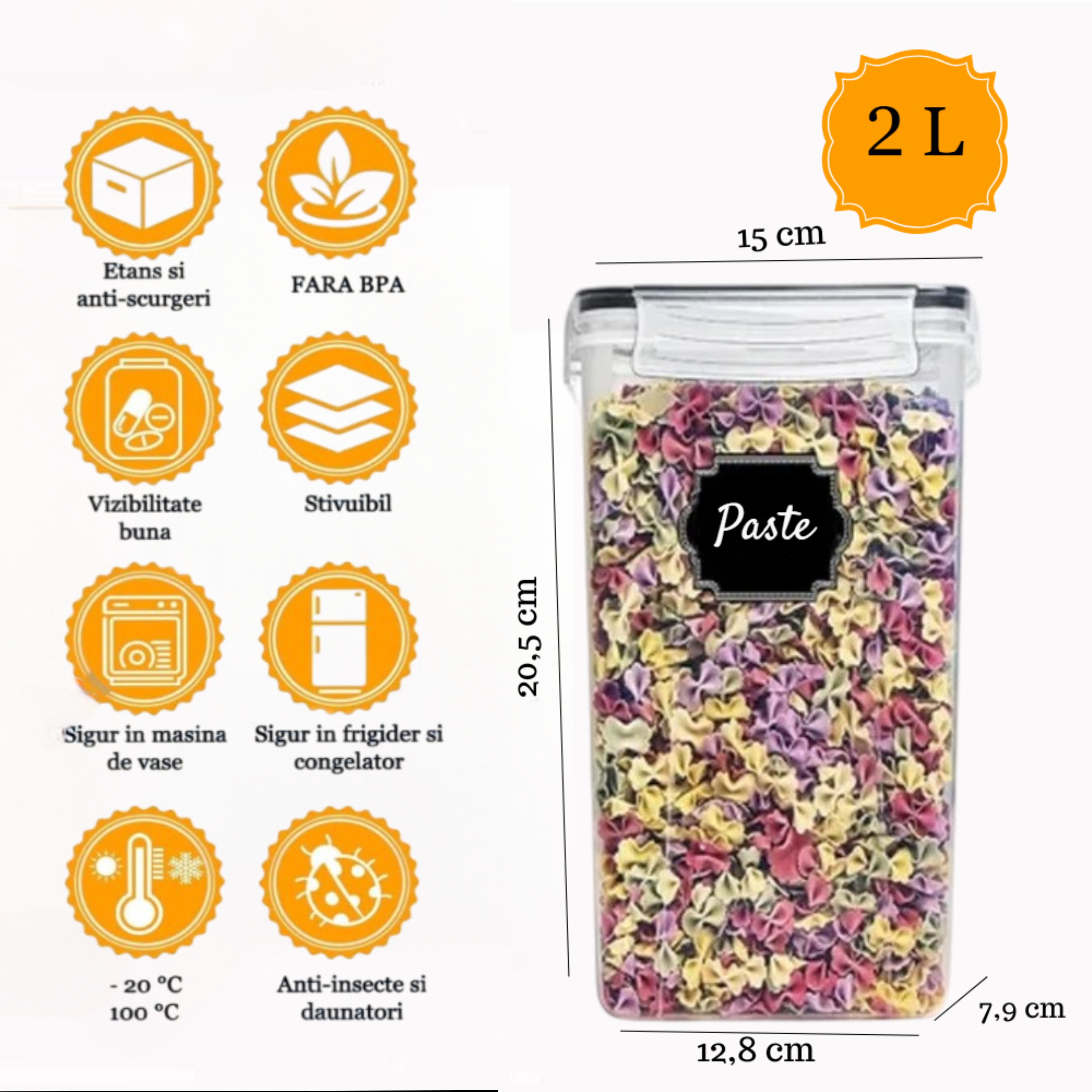 Recipient de depozitare alimente, etanse de 2 L, Koken cutie depozitare cu capac, plastic fara BPA, compatibile cu congelator/cuptor cu microunde/masina de spalat vase, Transparent/Negru