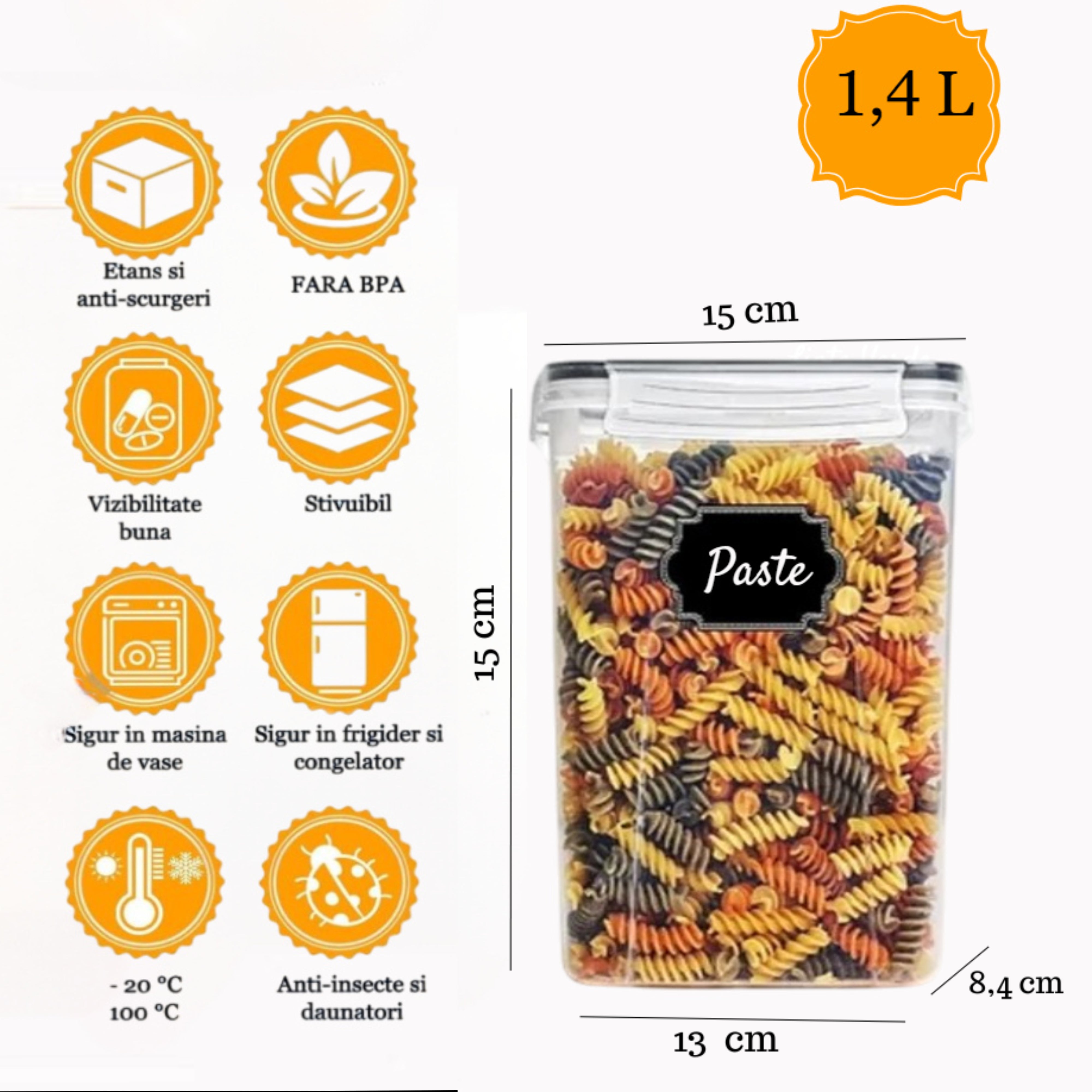 Creează-ți propriul set de recipiente din plastic fara BPA, de dimensiuni diverse, cu capace etanșe, Transparent/Negru, Koken
