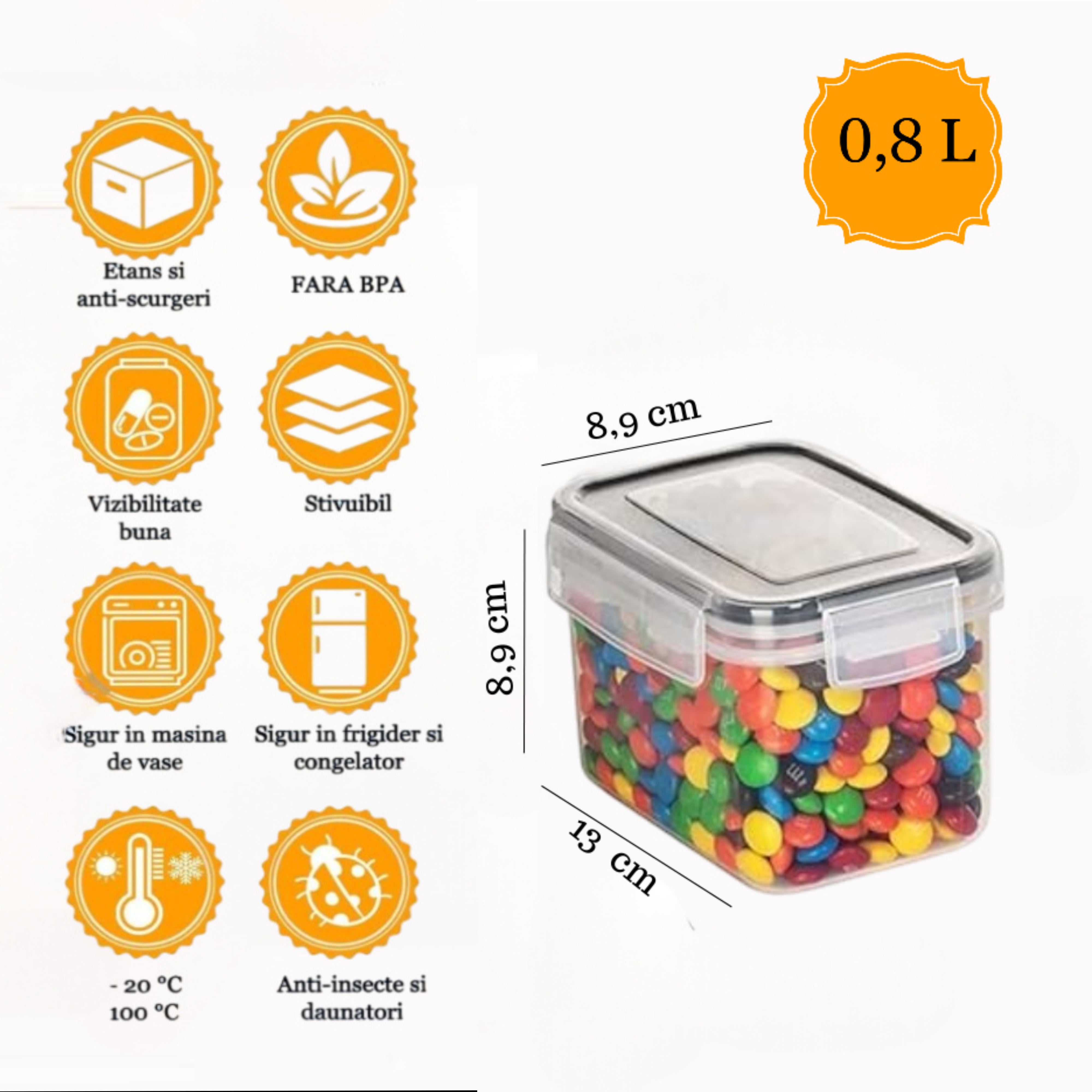 Creează-ți propriul set de recipiente din plastic fara BPA, de dimensiuni diverse, cu capace etanșe, Transparent/Negru, Koken