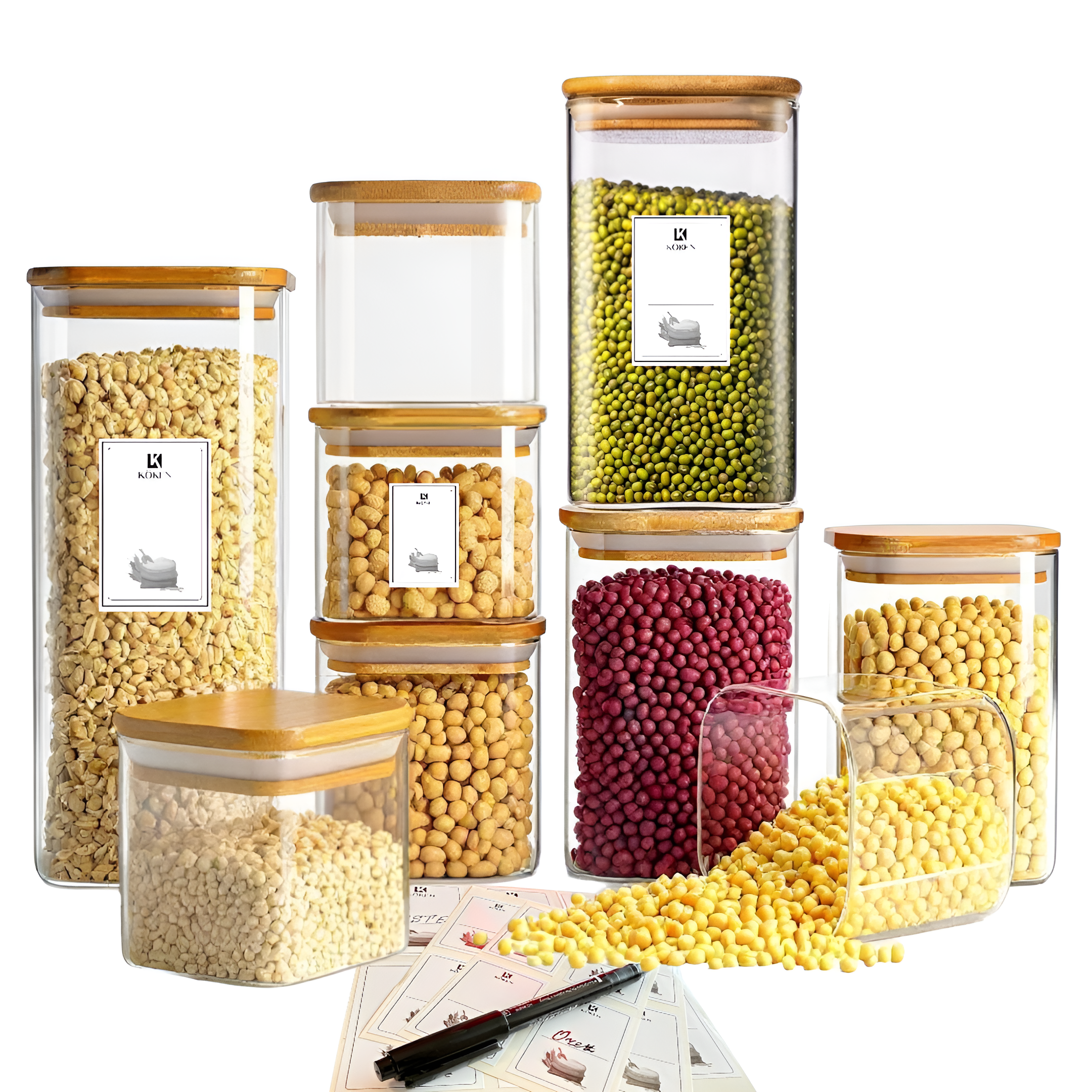 Set 5/6/8 Recipiente depozitare alimente Koken, Borcane din sticla borosilicata cu capac din bambus ermetic, Recipiente patrate, transparente + stickere, marker, 0.8L, 1.2L,1.6 L, 2L