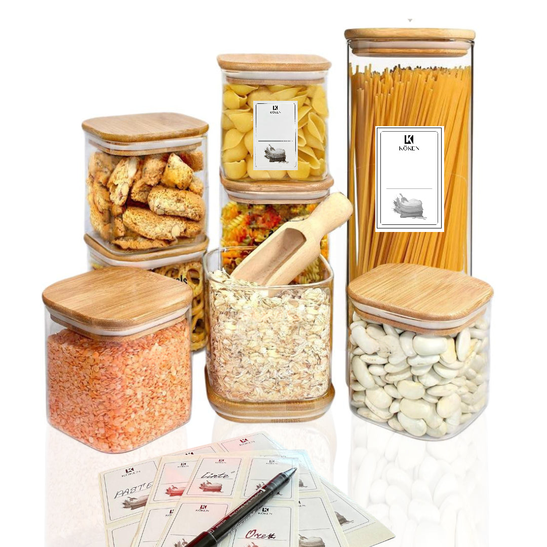 Set 5/6/8 Recipiente depozitare alimente Koken, Borcane din sticla borosilicata cu capac din bambus ermetic, Recipiente patrate, transparente + stickere, marker, 0.8L, 1.2L,1.6 L, 2L