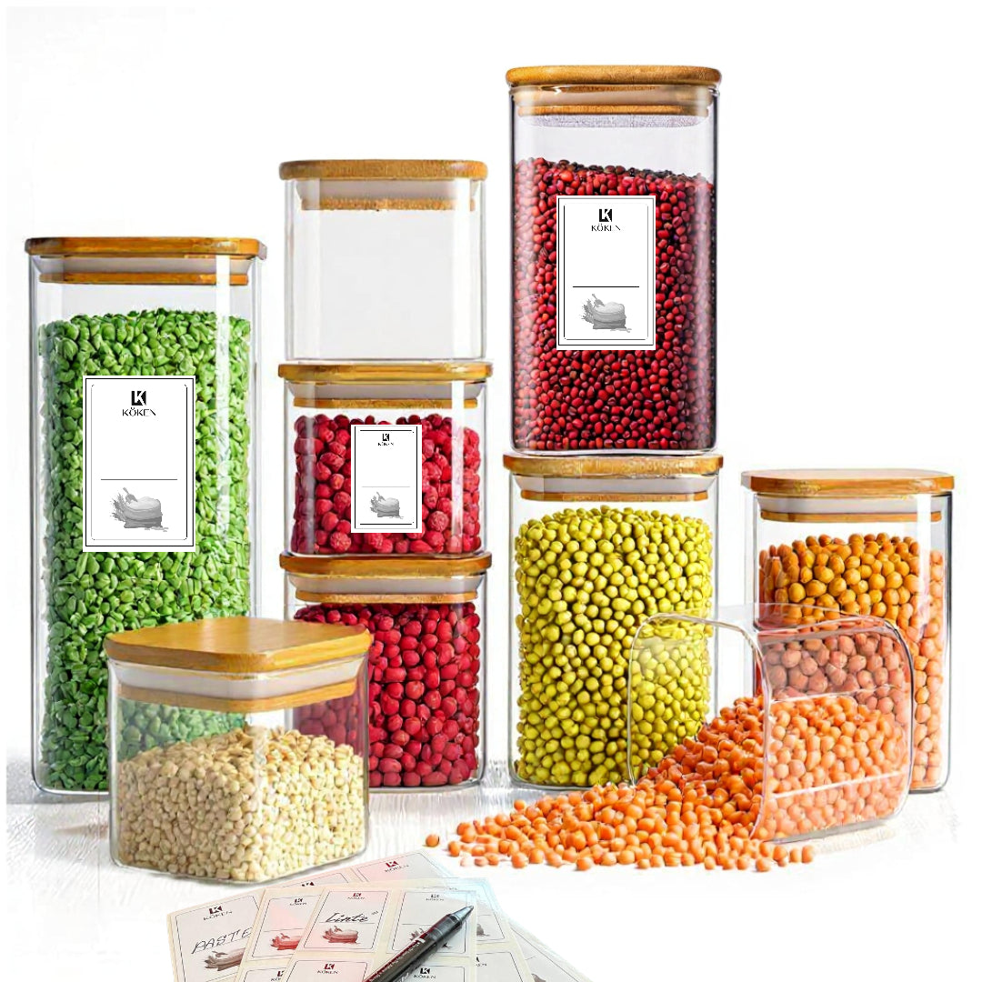 Creează-ți propriul Set de recipiente din sticlă borosilicată Koken, Borcane cu capac din bambus ermetic, recipiente patrate, transparente + stickere, marker, 0.8L, 1.2L,1.6 L, 2L