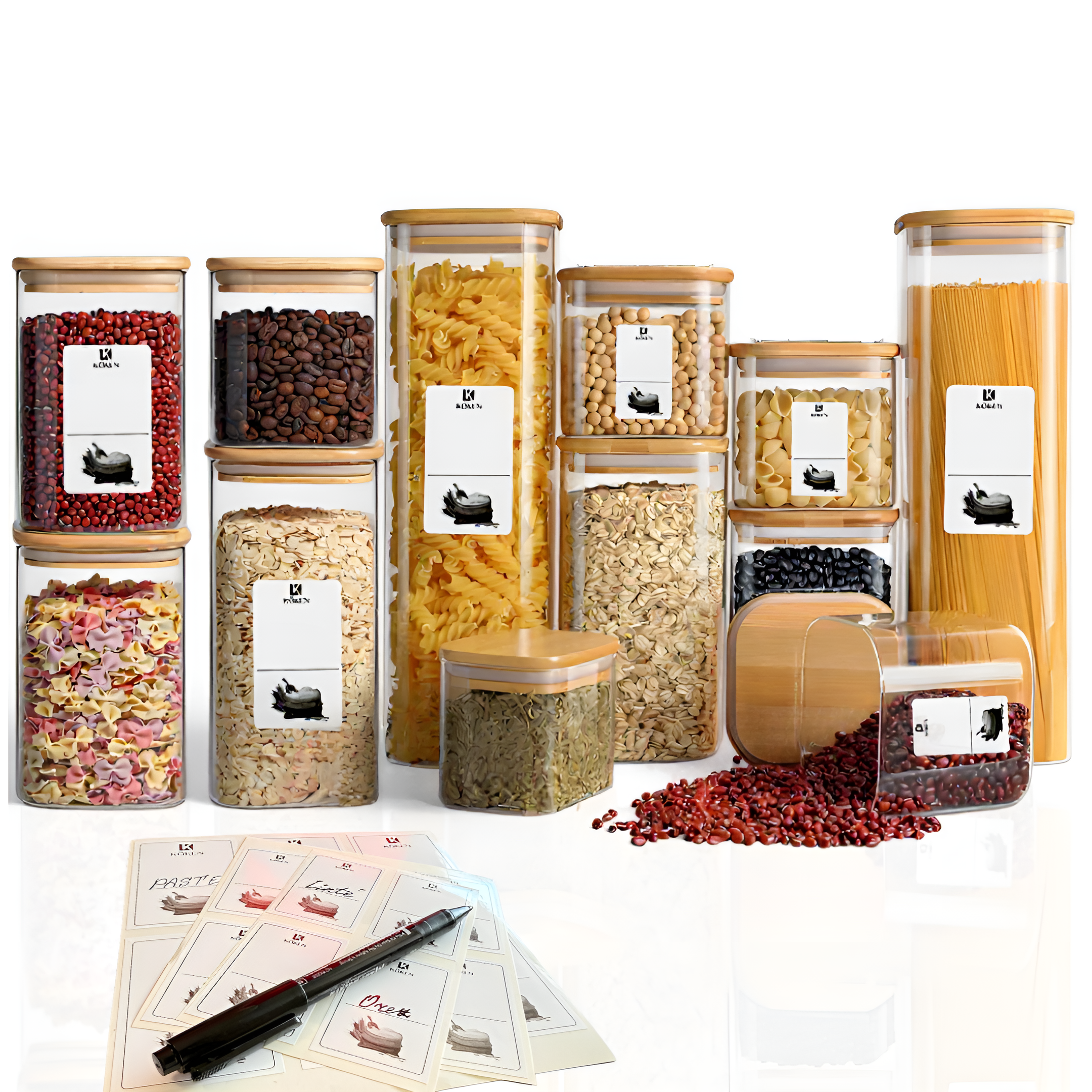 Set of 20 Square Borosilicate Glass Containers with Airtight Bamboo Lids Koken, for Dry Food and Grain Storage,
