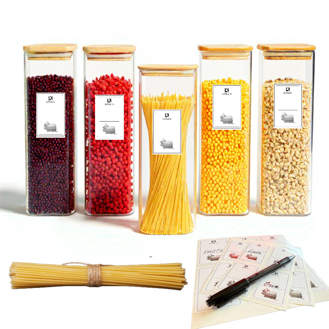 Set of 5 square borosilicate glass containers, in various sizes, with Koken airtight bamboo lids - ideal for storing dry foods and grains.