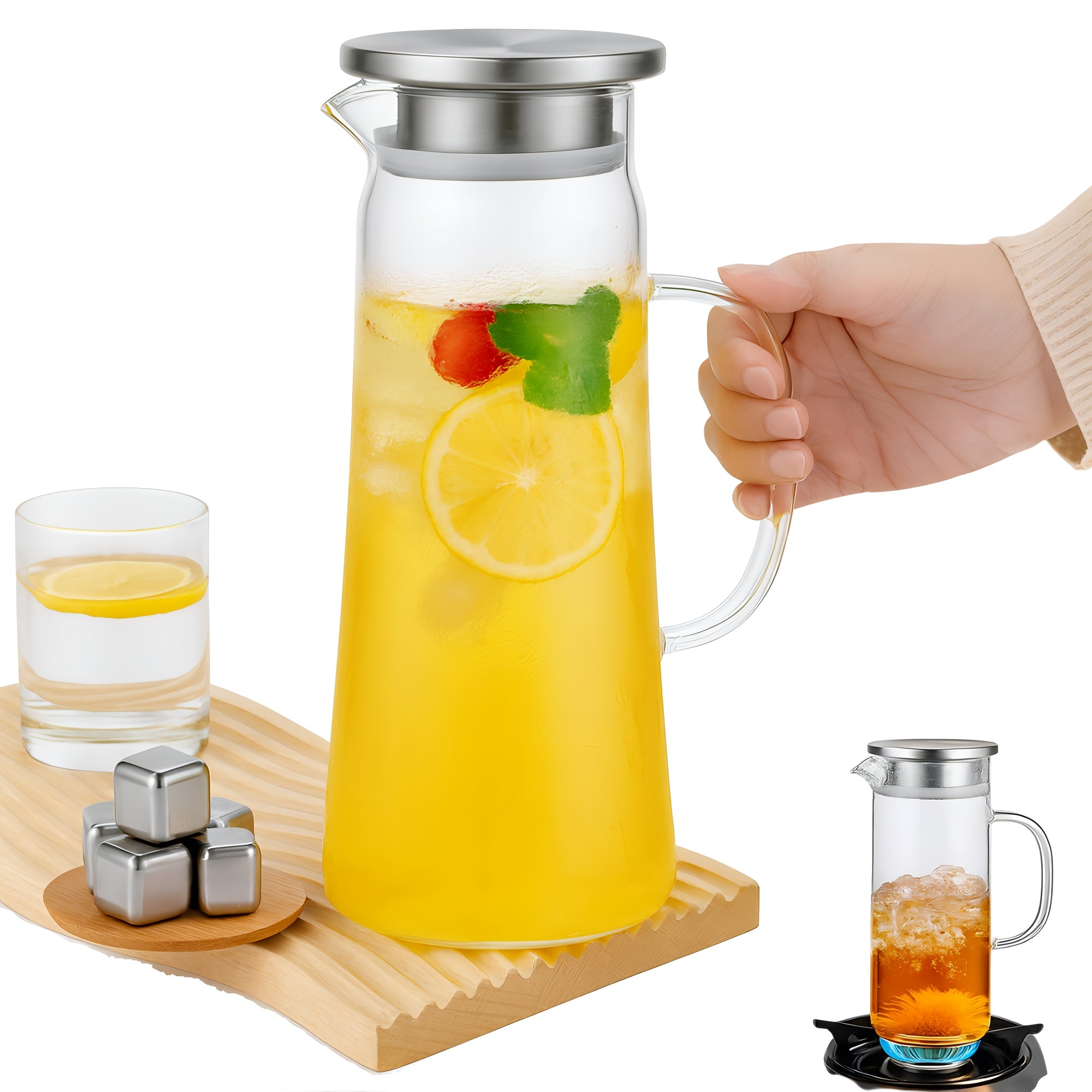 Carafa din sticla borosilicata 1,2 L Koken, Calitate Premium, capac din inox, pentru apa, sucuri, limonada, termorezistenta de la -20°C pana la +150°C, Transparenta
