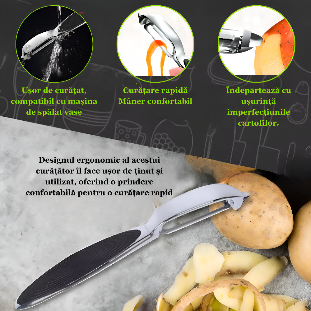 Dispozitiv pentru decojire legume si fructe Koken, Curatator cu aliaj de Zinc, Ustensila pentru decojit 2/1, varf ascutit, design ergonomic, anti-alunecare, multifunctional, 17 x 1,5 cm, Negru/Argintiu