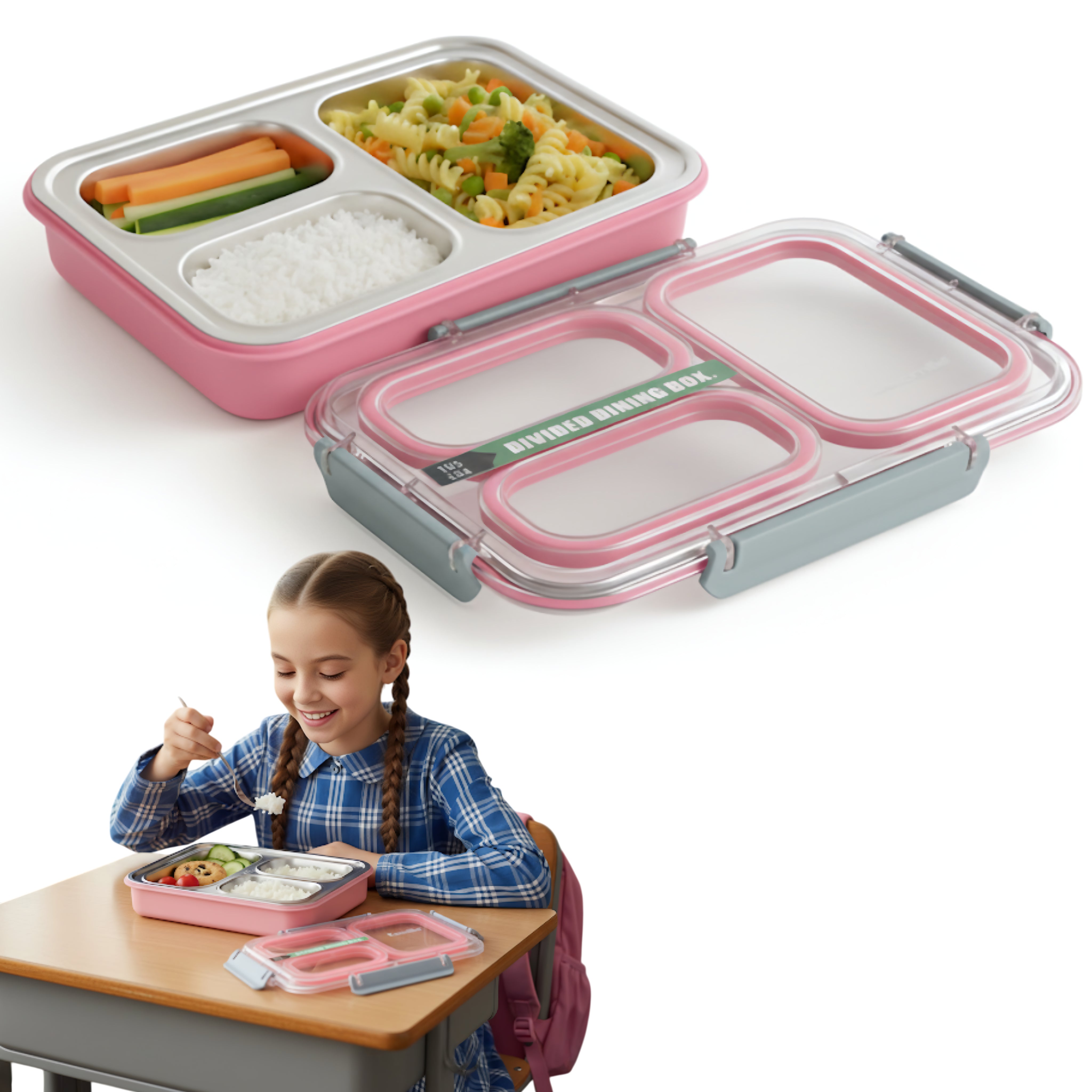 Cutie pentru pranz Koken, Lunch box Otel inoxidabil, Caserola copii scoala cu 3 Compartimente, 27,5 x 20,6 cm, Roz