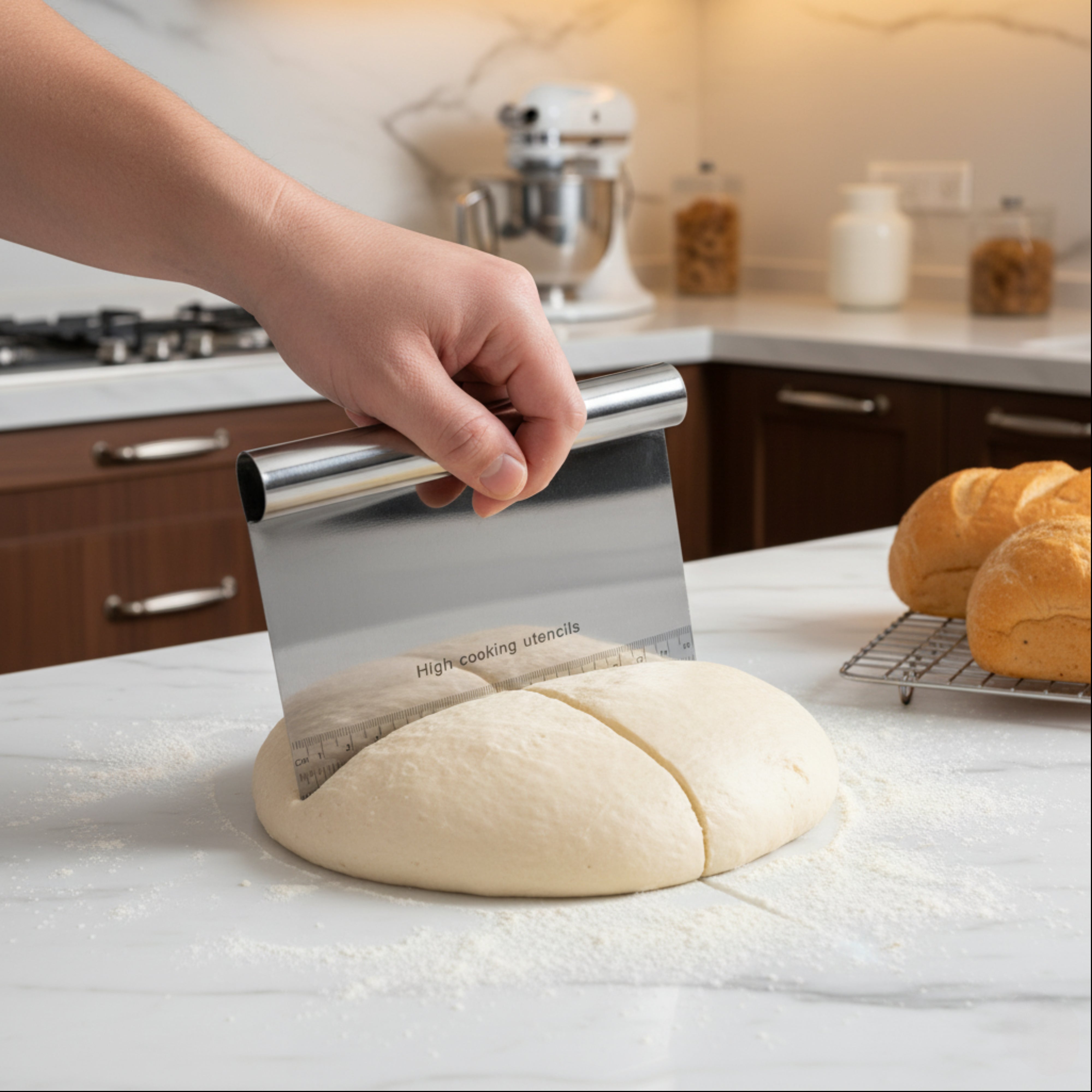 Spatula pentru taiat aluat Koken, Inox, Gadget de bucatarie multifunctional, Taietor Aluat, Usor de curatat, Confortabil antiderapant, 15x12 cm, Argintiu