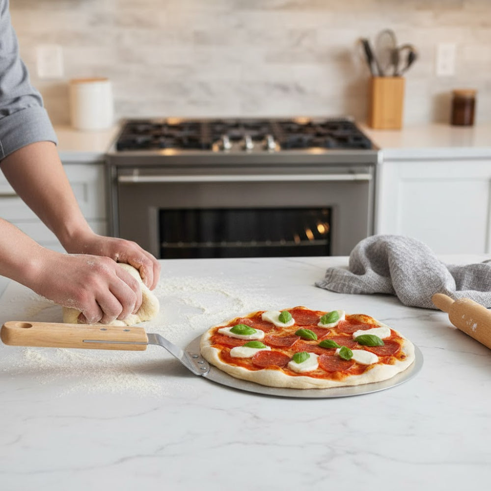 Koken pizza shovel, round stainless steel tray, plastic handle, spatula
