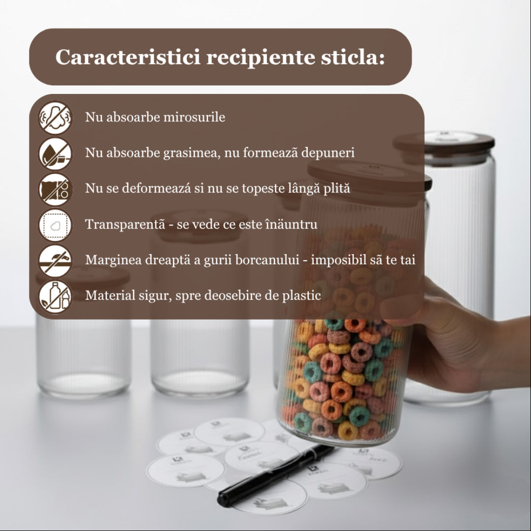 Set Recipiente din sticlă borosilicată cu capac din bambus etanș Koken, Borcane cu capac din bambus ermetic, pentru depozitarea alimentelor uscate și cerealelor