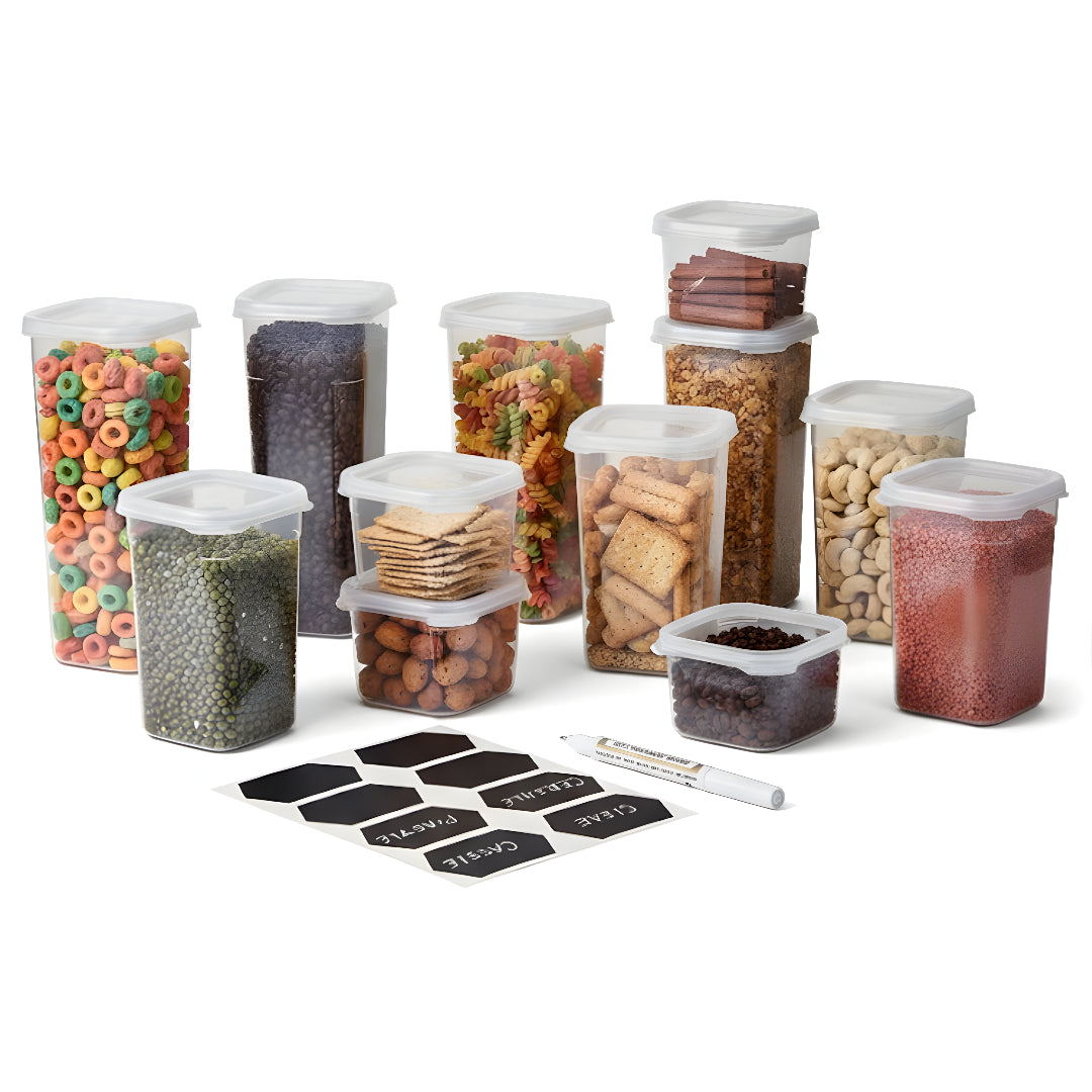 Set 12/18 Recipiente de depozitare alimente, etanșe, Koken cutie depozitare cu capac, plastic fără BPA, organizator alimente, rezistent rece/fierbinte, 0.6L, 1.2L, 1.75L, Transparent