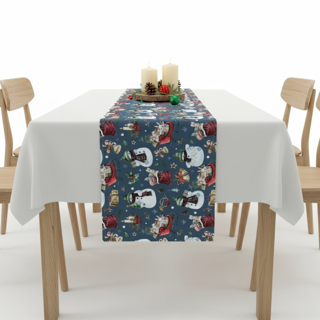 Traversa de masa 180x40cm, din bumbac, Koken, Impermiabila, fata de masa imprimeu Craciun 3D, Rezistenta la pete si murdarie, Albastra