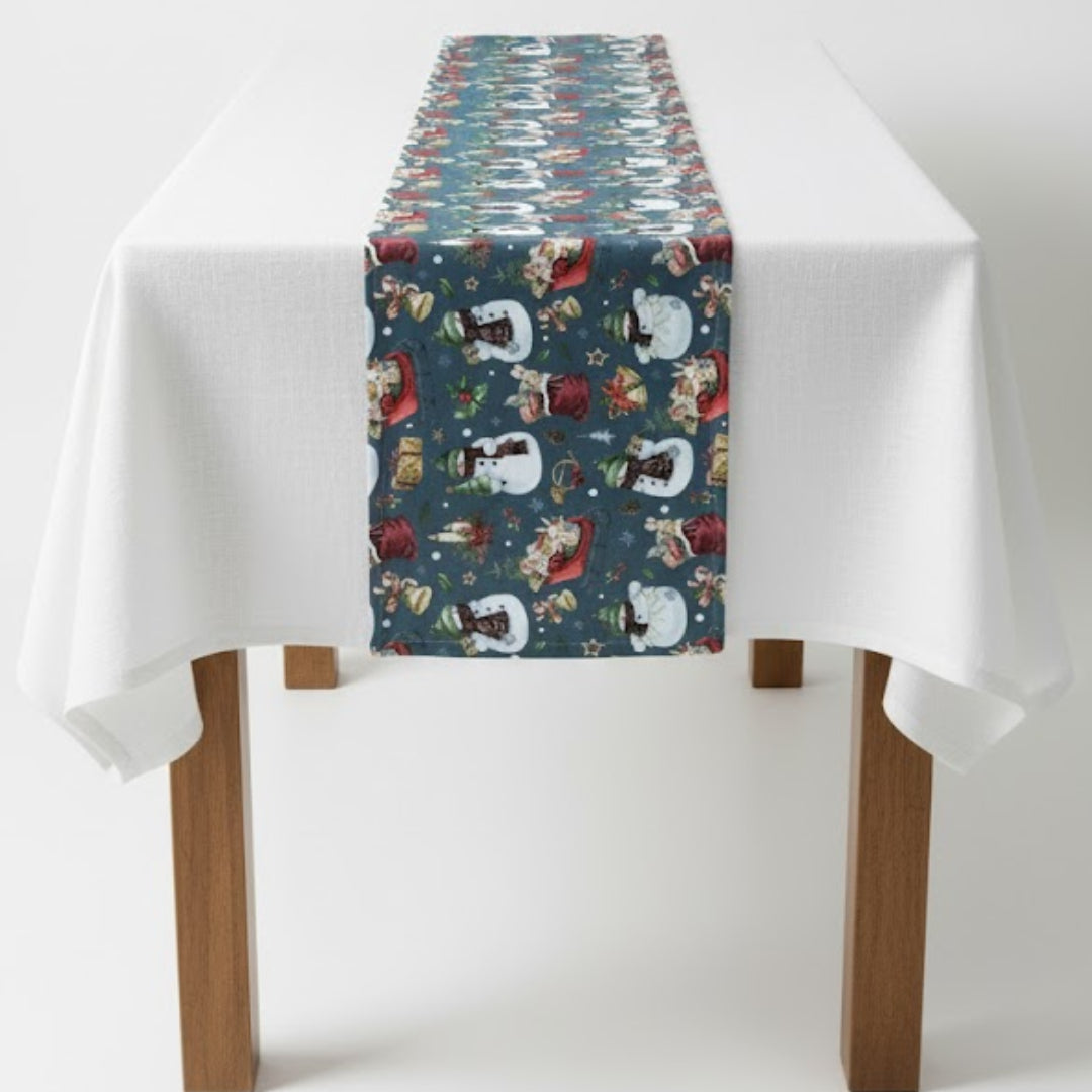 Traversa de masa 180x40cm, din bumbac, Koken, Impermiabila, fata de masa imprimeu Craciun 3D, Rezistenta la pete si murdarie, Albastra