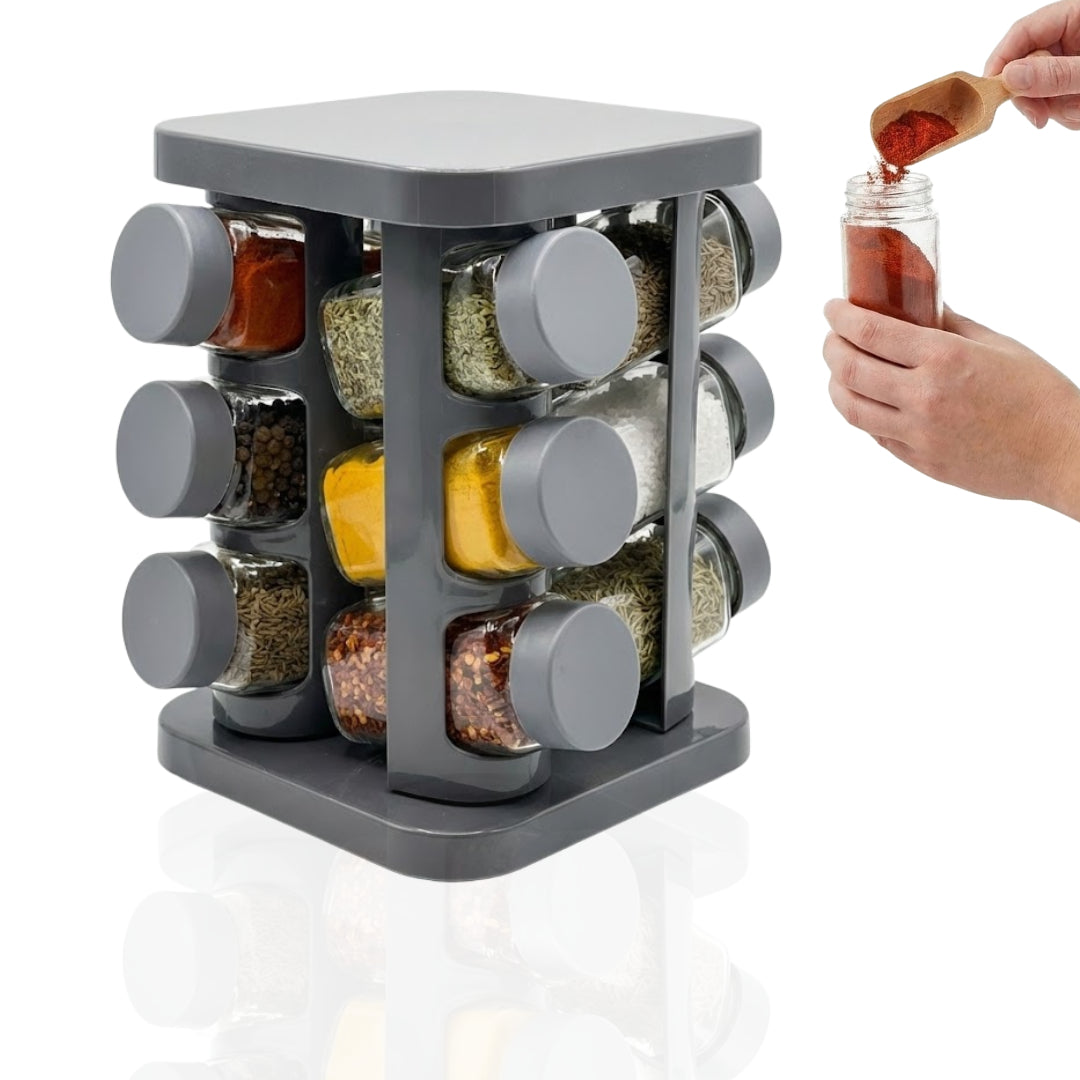 Set 12 recipiente pentru condimente cu suport Koken, sare/piper/paprika, design ergonomic, economisire spatiu, sticla groasa, capace plastic fara BPA, Gri