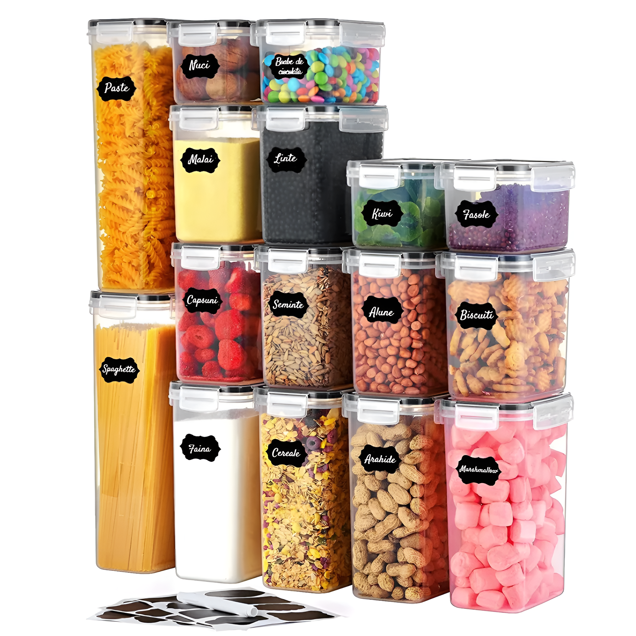 Set 24/18/16/14 recipiente de depozitare Koken, sigure pentru cuptorul cu microunde/masina de spalat vase/congelator, Caserole etanșe depozitare alimente, plastic fara BPA, Transparent/Negru