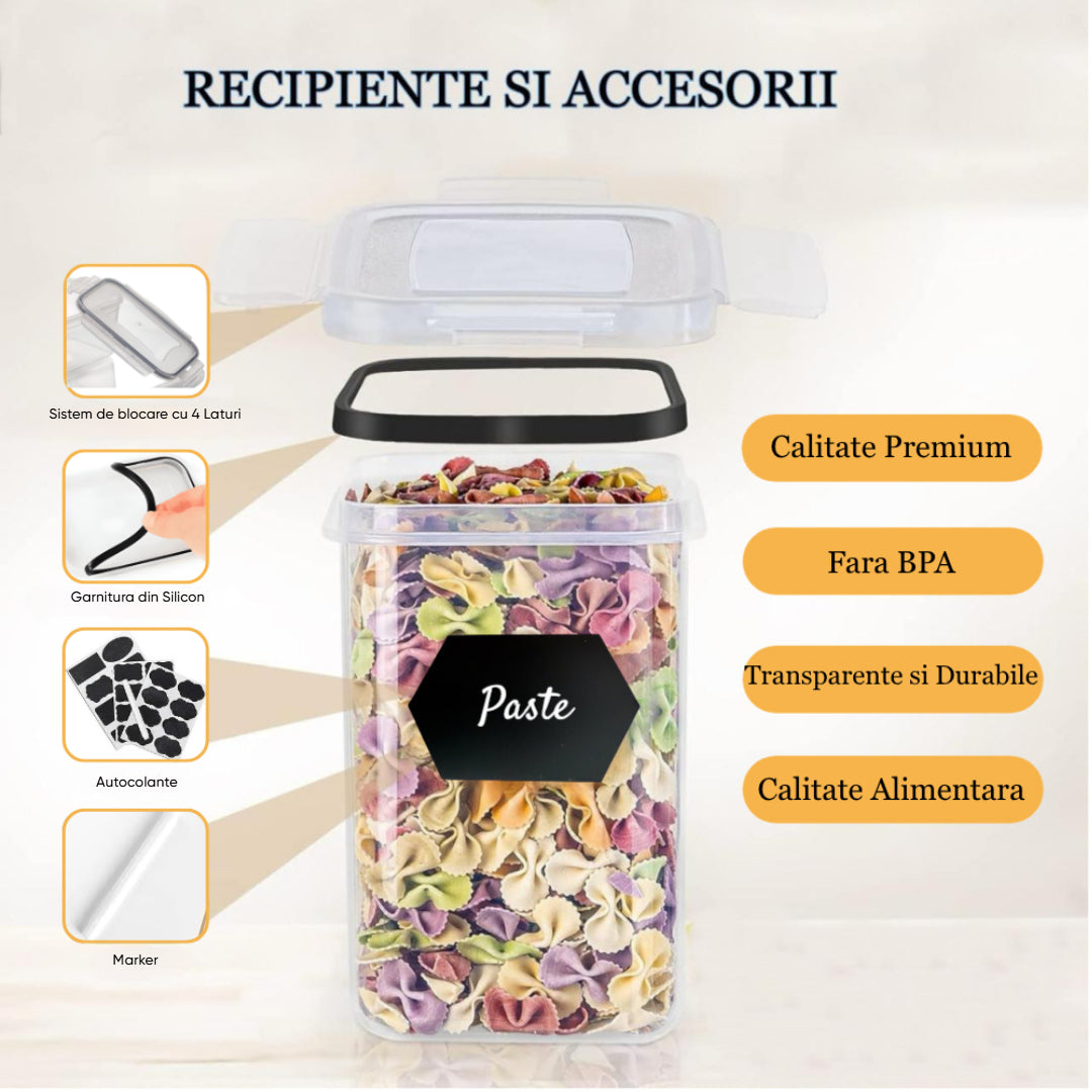 Set 24/18/16/14 recipiente de depozitare Koken, sigure pentru cuptorul cu microunde/masina de spalat vase/congelator, Caserole etanșe depozitare alimente, plastic fara BPA, Transparent/Negru