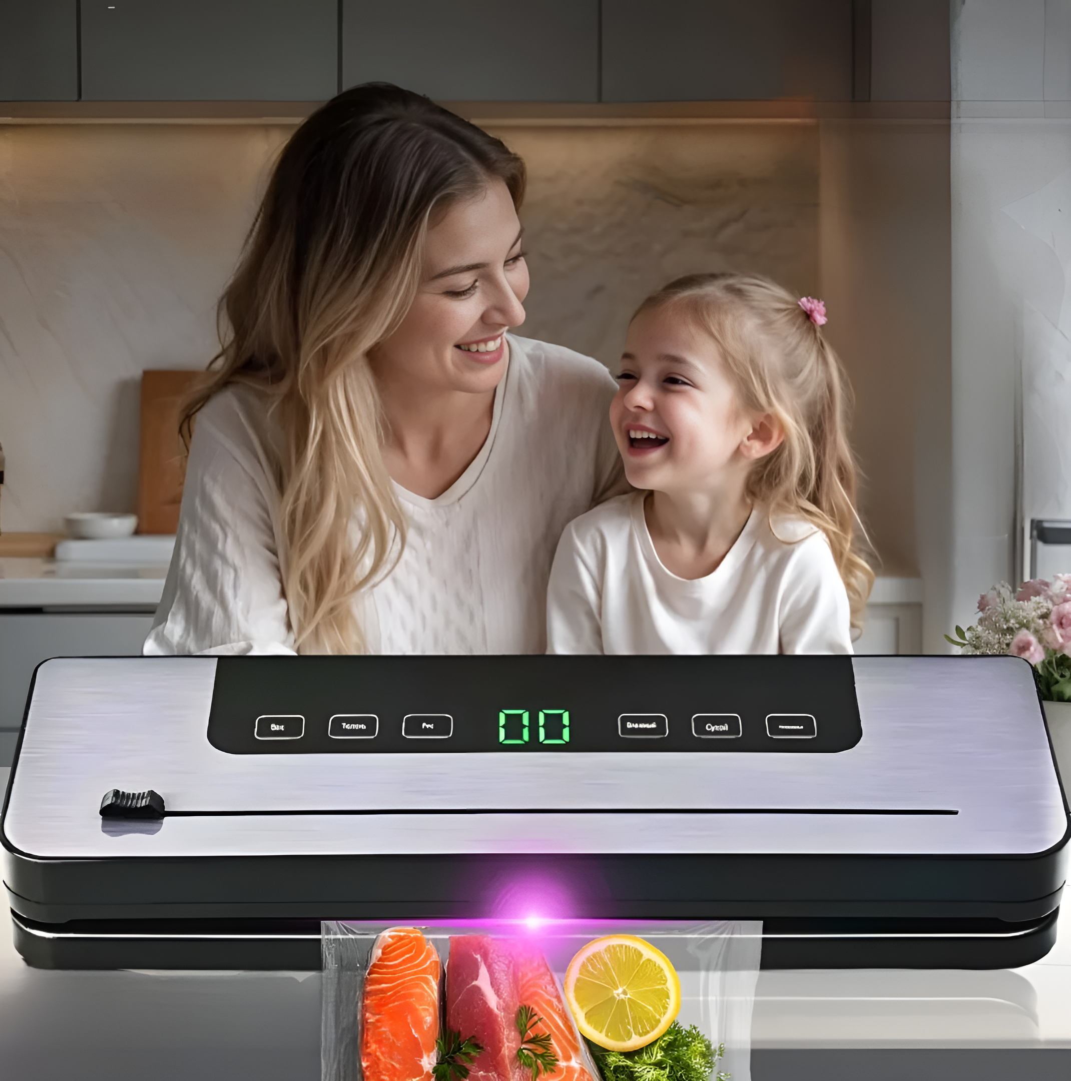 Aparat Profesional de Vidat si Sigilat alimente Koken, Functionare cu o singura atingere, Timp de etansare 10-15 s, bara de lipire 30 cm, Negru/Gri + 20 Pungi Gofrate Cadou