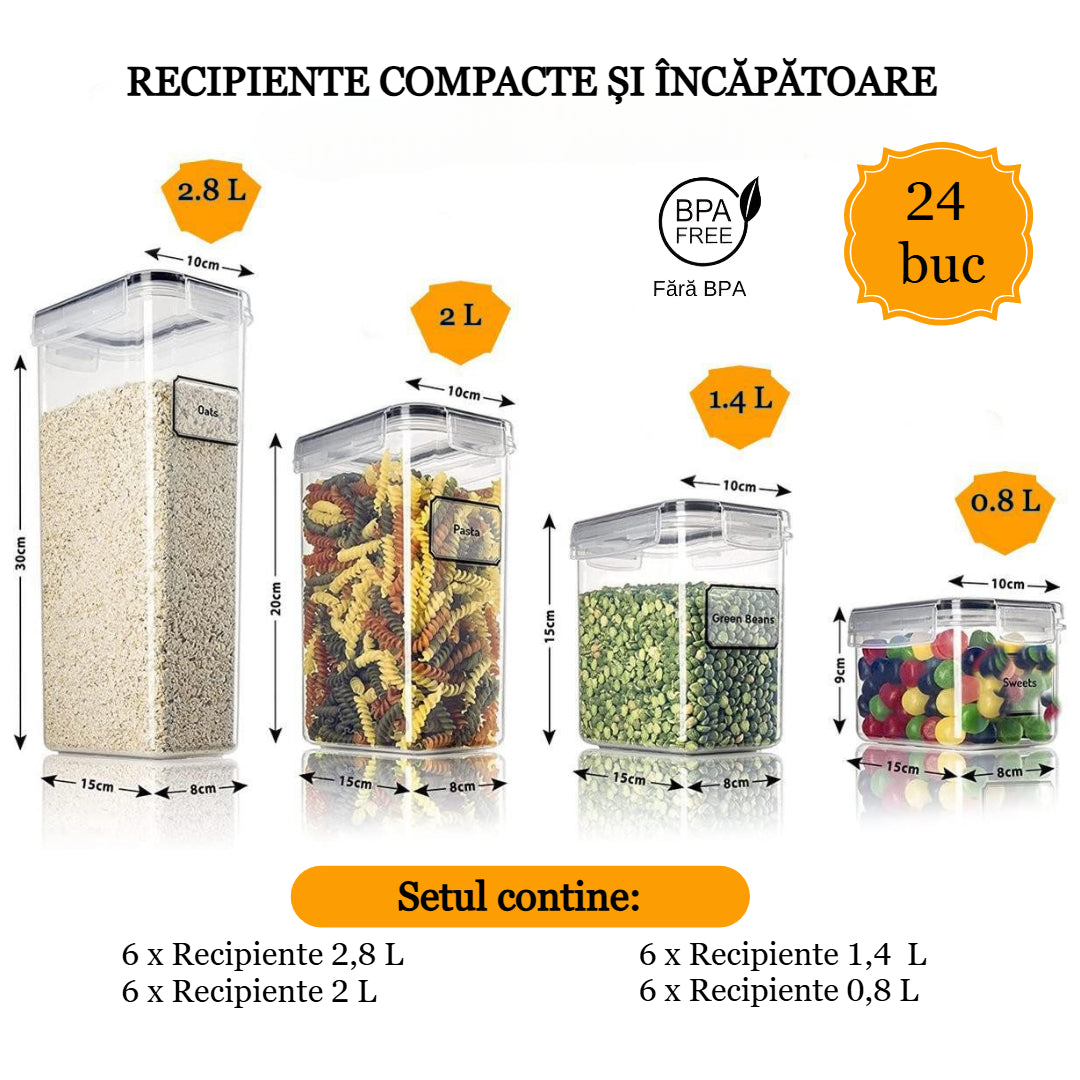 Set 24/18/16/14 recipiente de depozitare Koken, sigure pentru cuptorul cu microunde/masina de spalat vase/congelator, Caserole etanșe depozitare alimente, plastic fara BPA, Transparent/Negru